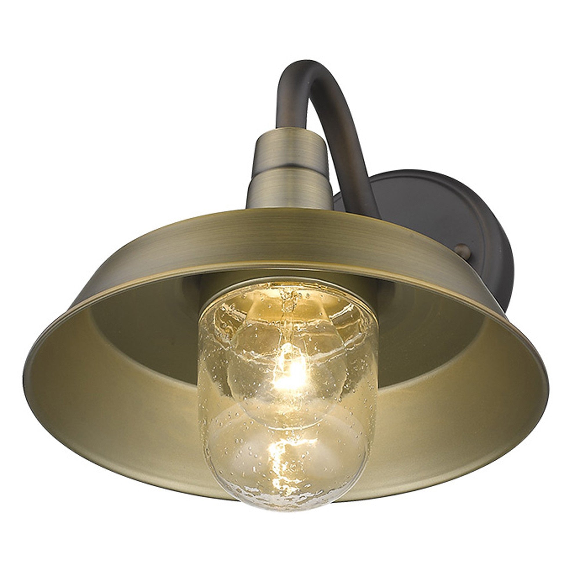 Bottom up angled view of the lighted Brushed Gold Shallow Plate Wall Light with gooseneck arm and seeded glass globe – farmhouse outdoor sconce for porches, entryways, and interiors.