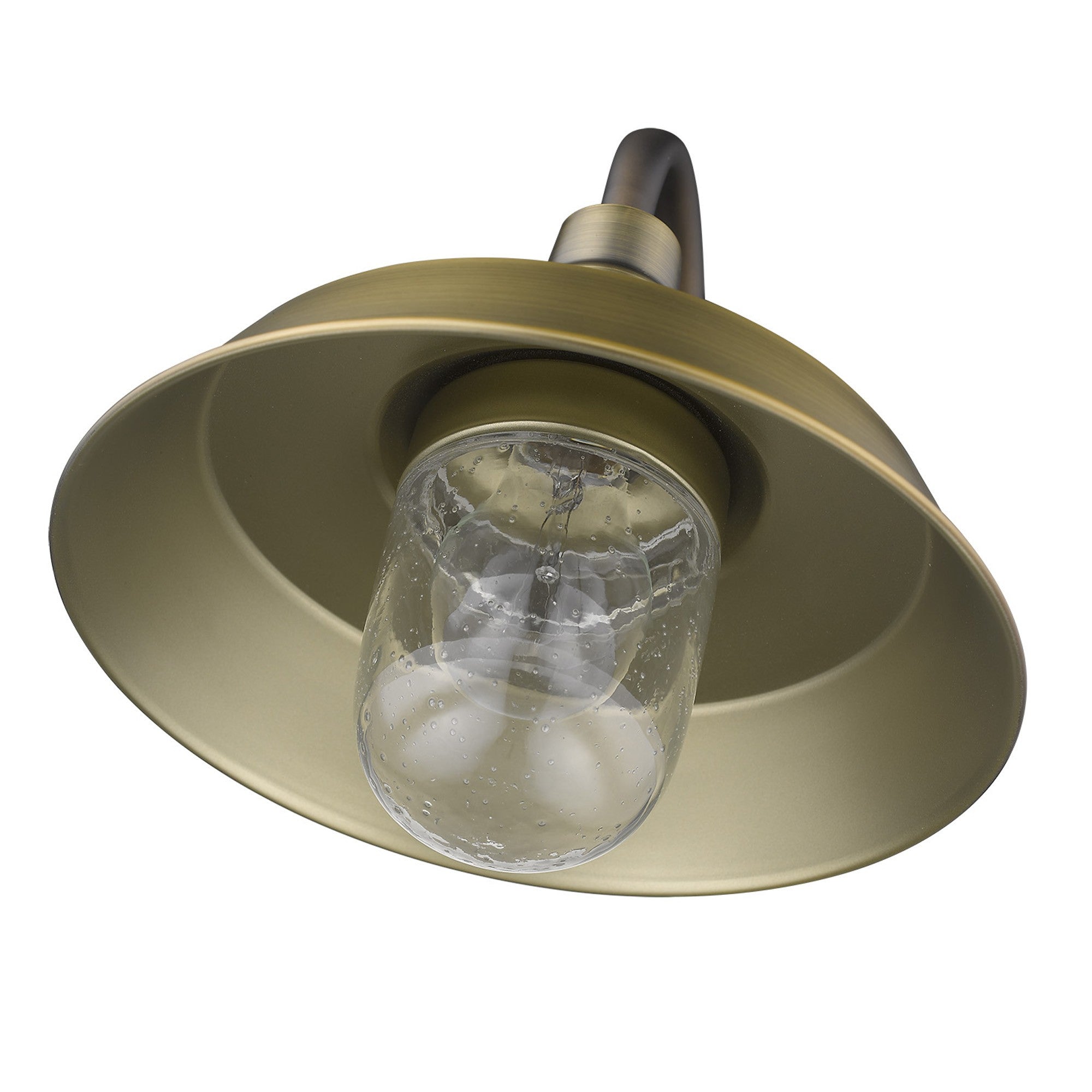 Bottom up angled view of the Brushed Gold Shallow Plate Wall Light with gooseneck arm and seeded glass globe – farmhouse outdoor sconce for porches, entryways, and interiors.