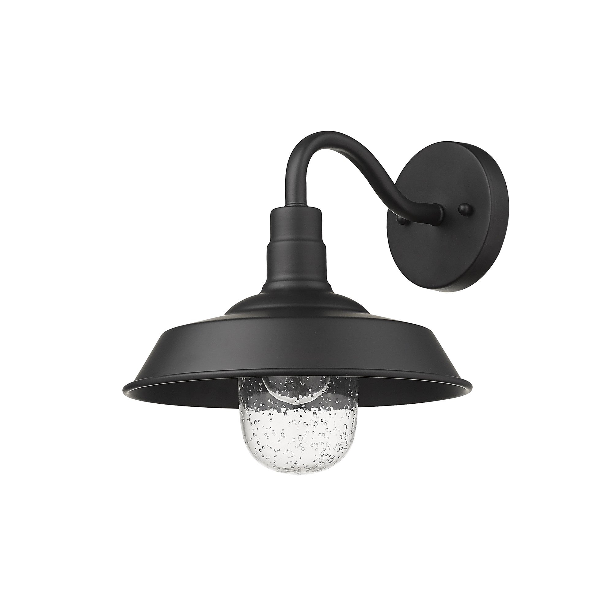 Front right angled view of the Matte Black Shallow Plate Wall Light with gooseneck arm and seeded glass globe – farmhouse outdoor wall sconce for entryways, patios, and interiors