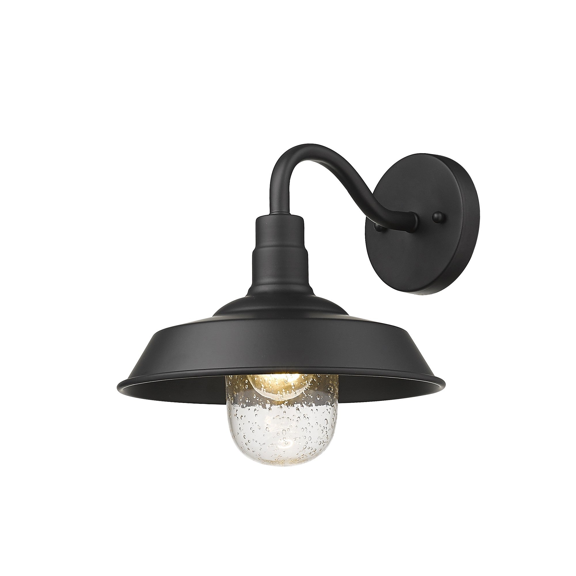 Front right angled view of the lighted Matte Black Shallow Plate Wall Light with gooseneck arm and seeded glass globe – farmhouse outdoor wall sconce for entryways, patios, and interiors