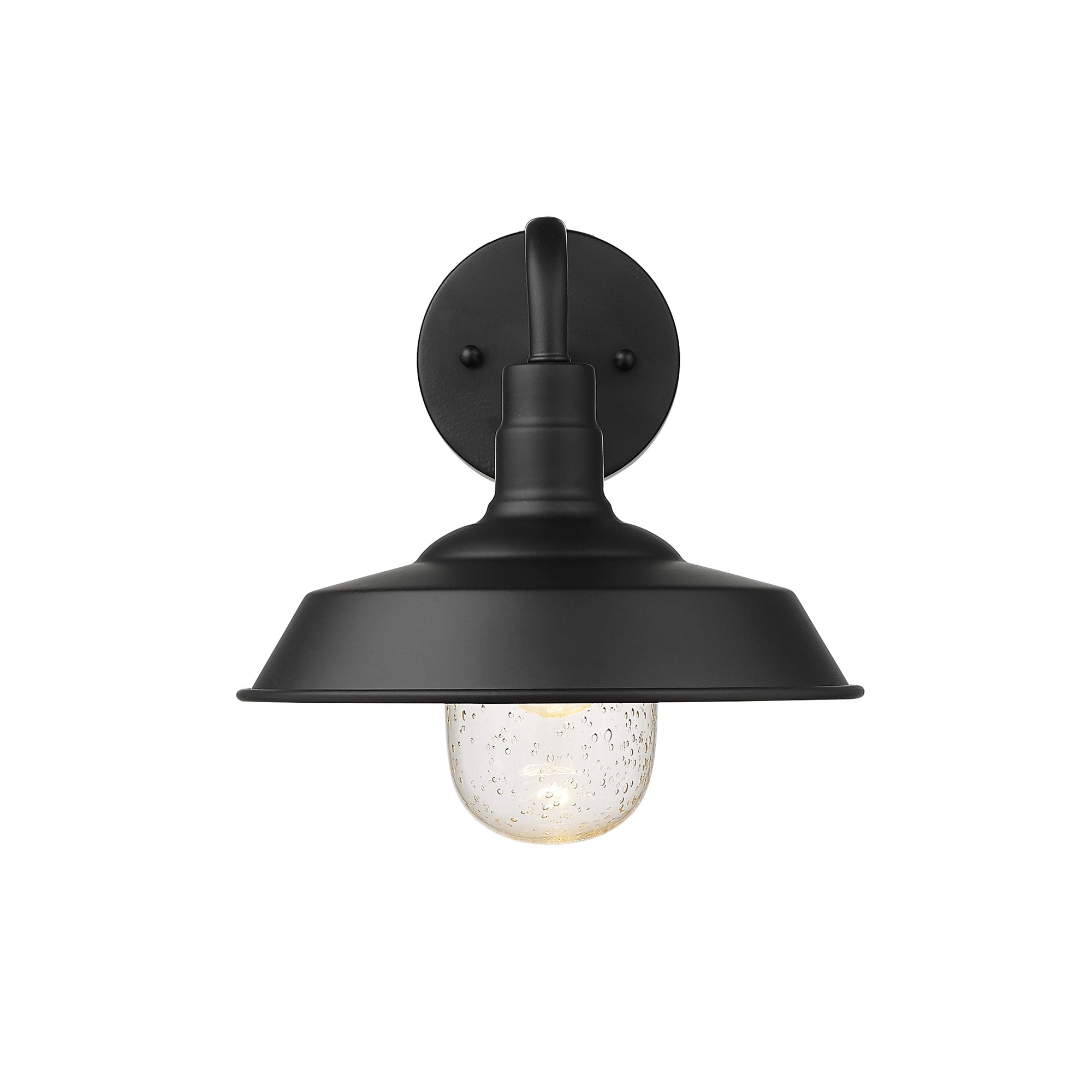 Front view of the lighted Matte Black Shallow Plate Wall Light with gooseneck arm and seeded glass globe – farmhouse outdoor wall sconce for entryways, patios, and interiors