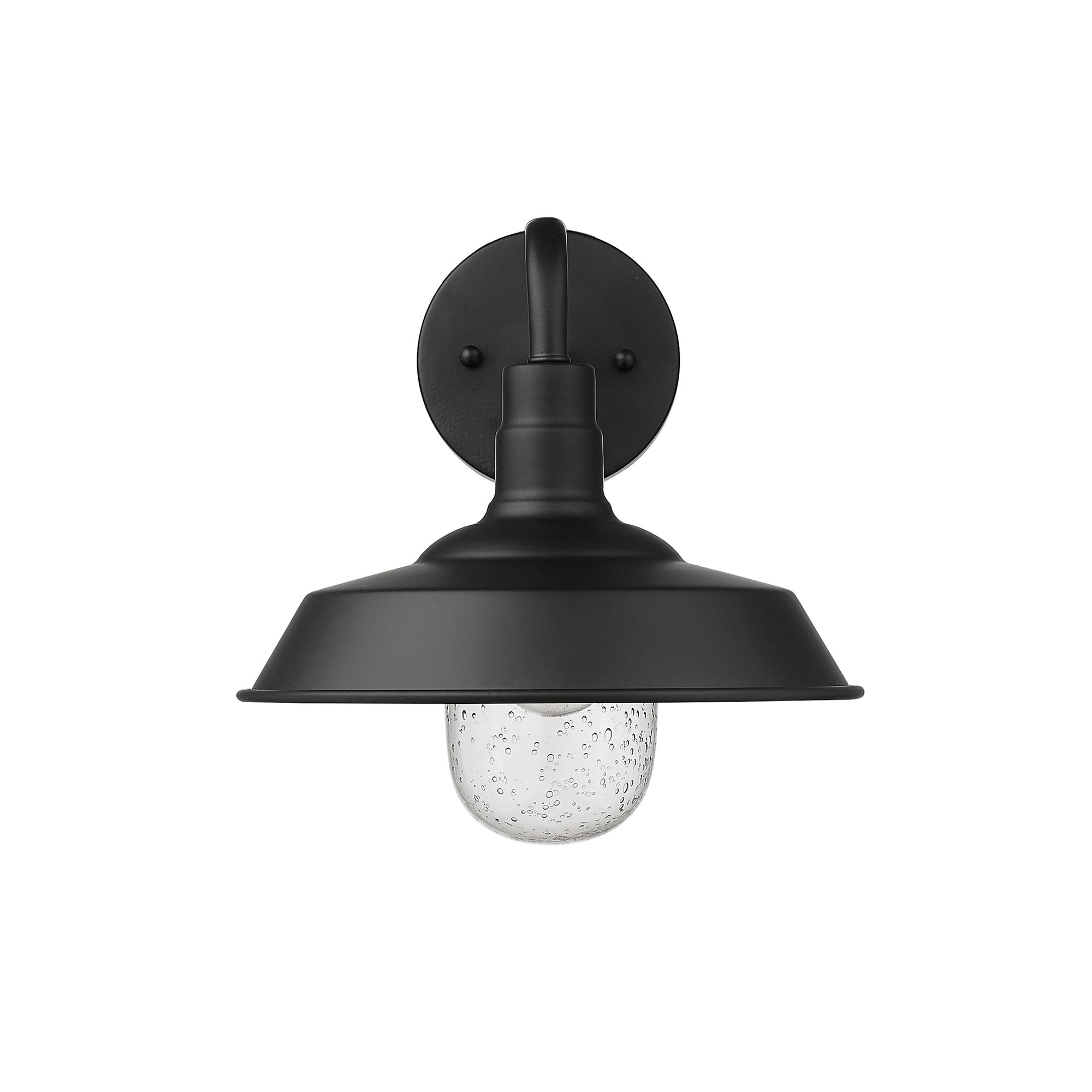 Front view of the Matte Black Shallow Plate Wall Light with gooseneck arm and seeded glass globe – farmhouse outdoor wall sconce for entryways, patios, and interiors