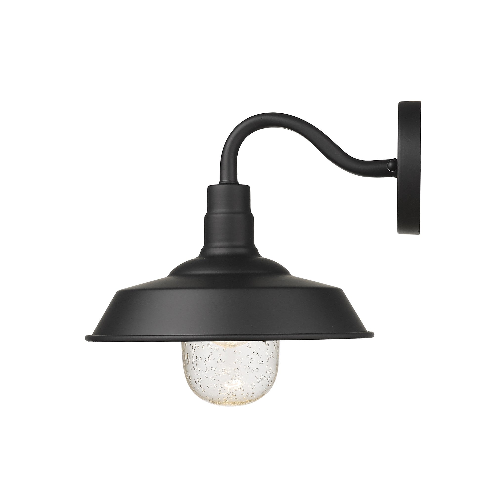 Side view of the lighted Matte Black Shallow Plate Wall Light with gooseneck arm and seeded glass globe – farmhouse outdoor wall sconce for entryways, patios, and interiors