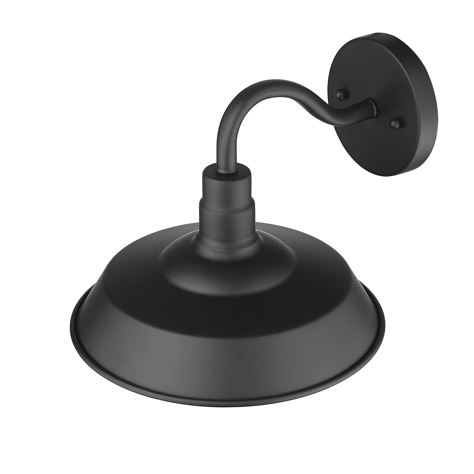Top down angled view of the Matte Black Shallow Plate Wall Light with gooseneck arm and seeded glass globe – farmhouse outdoor wall sconce for entryways, patios, and interiors