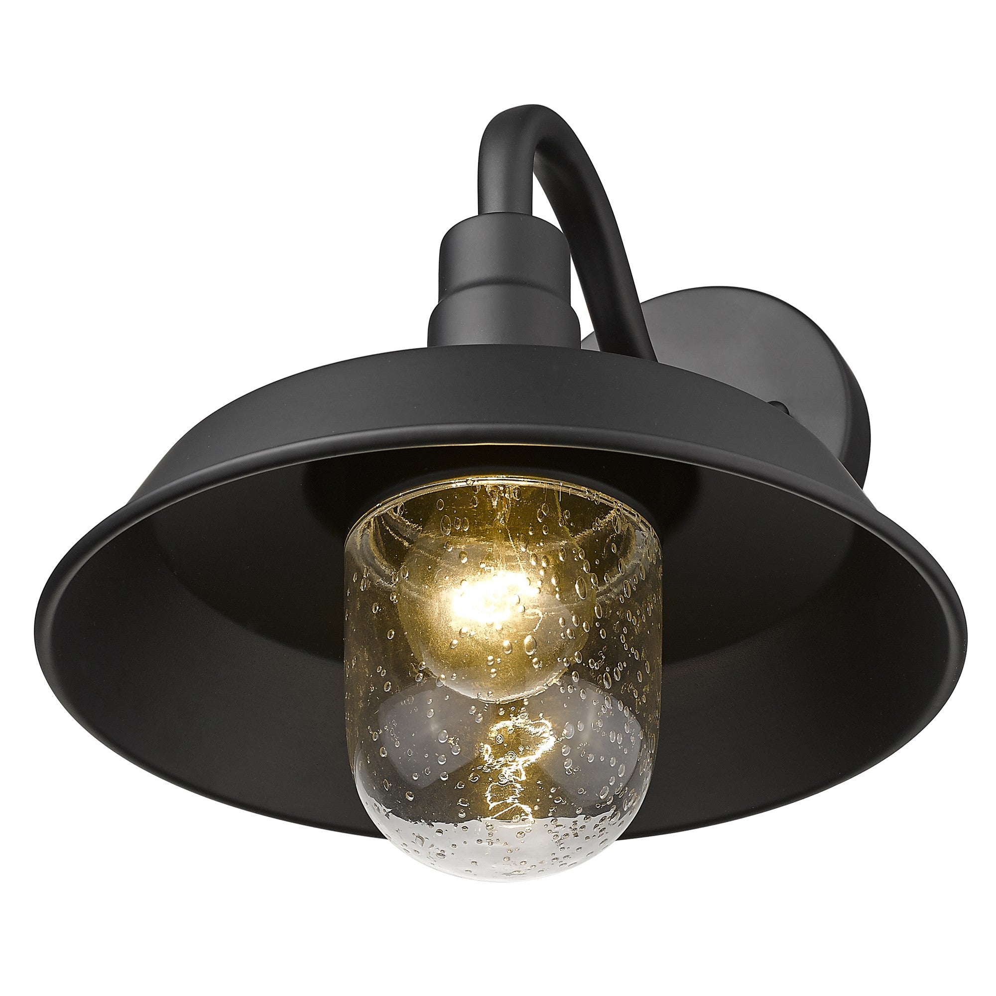 Bottom up angled view of the lighted Matte Black Shallow Plate Wall Light with gooseneck arm and seeded glass globe – farmhouse outdoor wall sconce for entryways, patios, and interiors