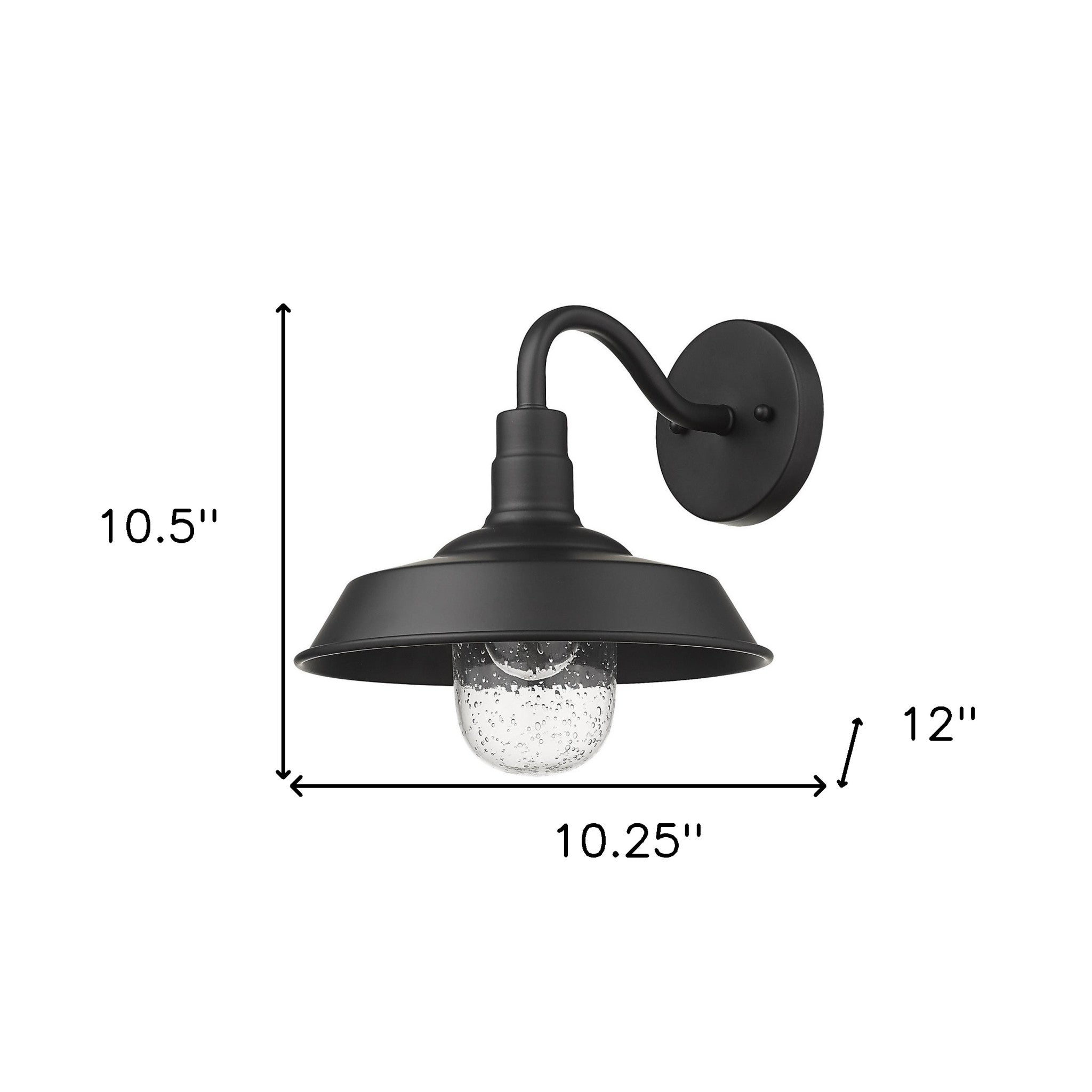 Matte Black Shallow Plate Wall Light with gooseneck arm and seeded glass globe – farmhouse outdoor wall sconce for entryways, patios, and interiors shown with dimensions of 10 point 5 inches high by 10 point 25 inches wide by 12 inches deep