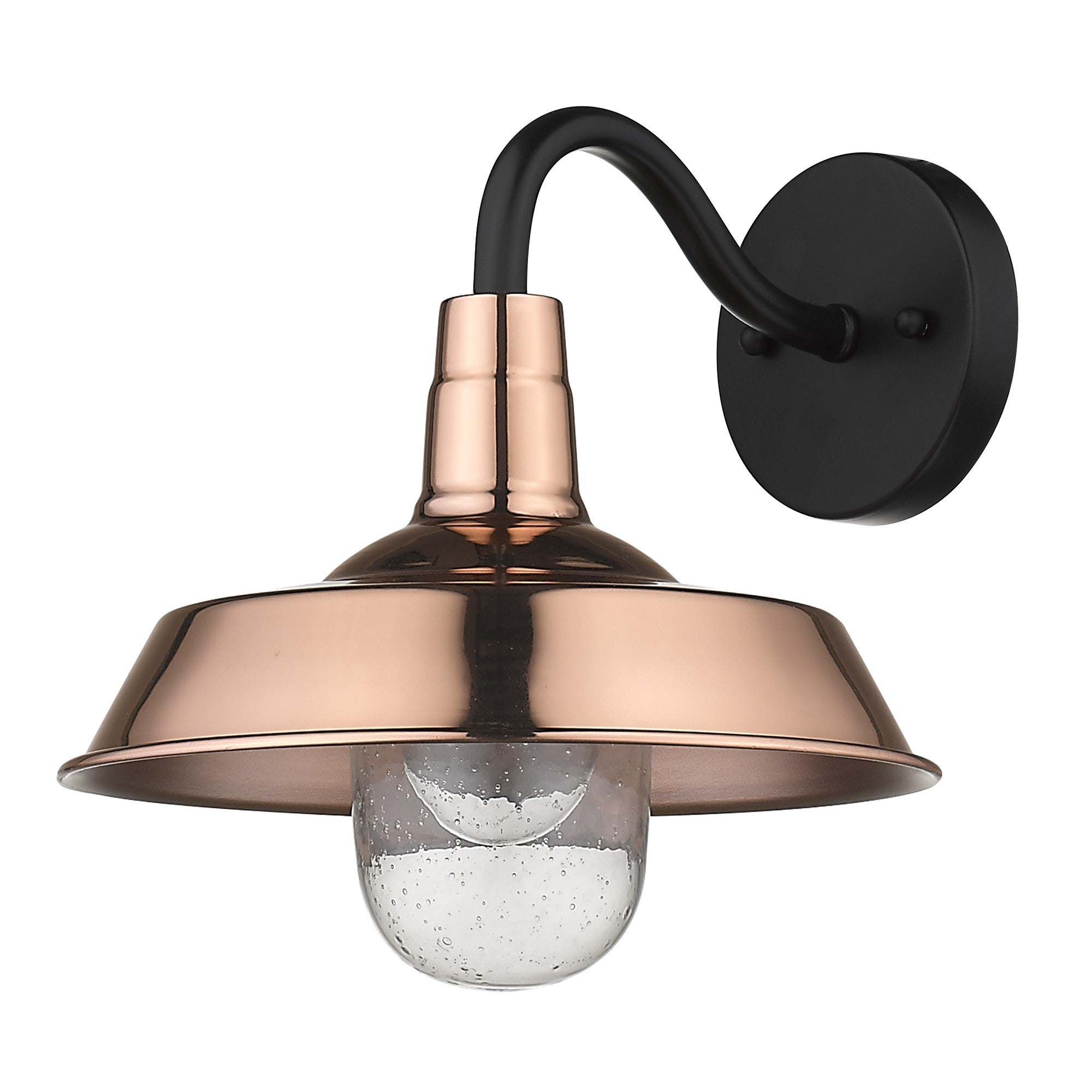 Front right angled view of the Shiny Copper Shallow Plate Wall Light with gooseneck arm and seeded glass globe – farmhouse outdoor wall sconce for porches, patios, and interiors