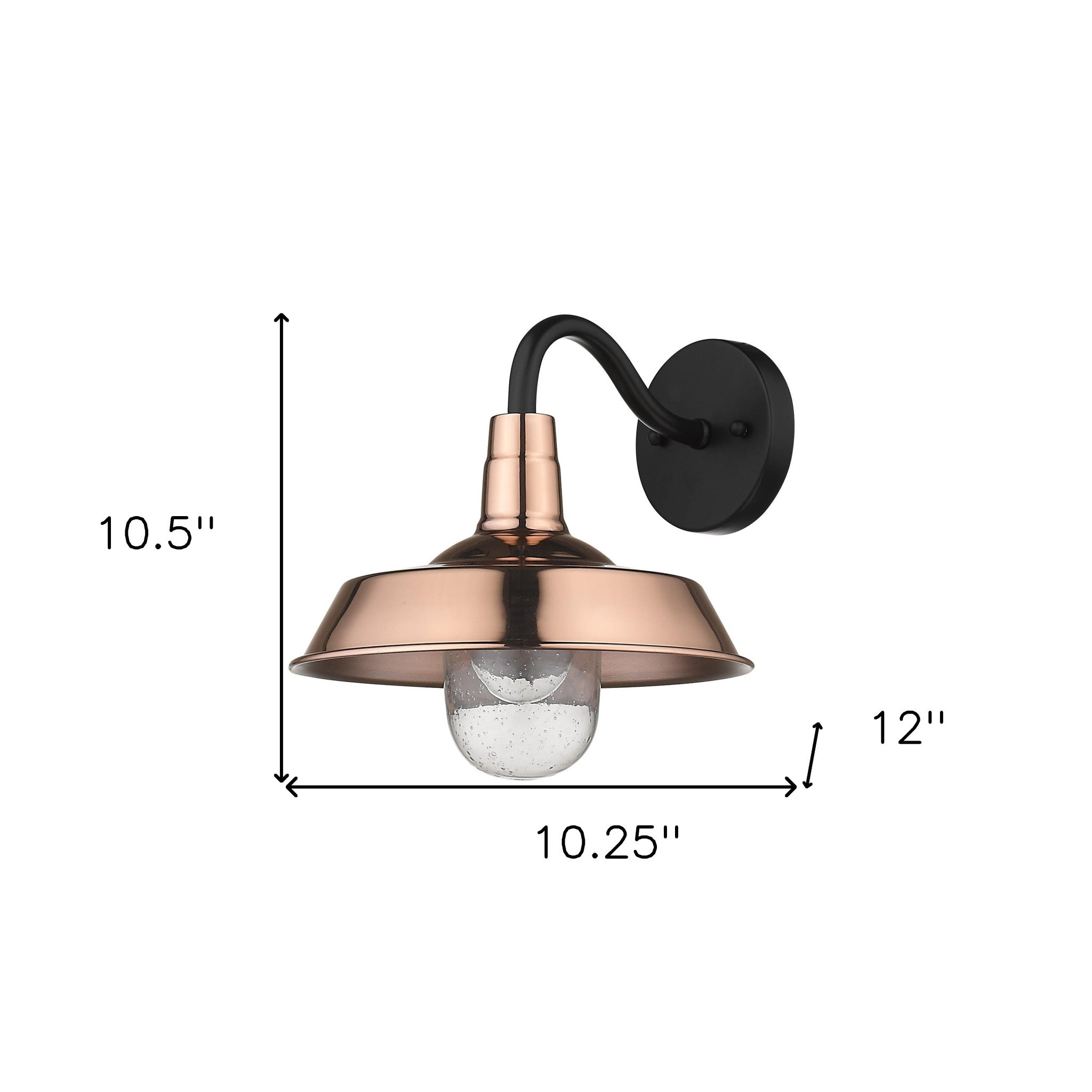 Shiny Copper Shallow Plate Wall Light with gooseneck arm and seeded glass globe – farmhouse outdoor wall sconce for porches, patios, and interiors shown with dimensions of 10 point 5 inches high by 10 point 25 inches wide by 12 inches deep