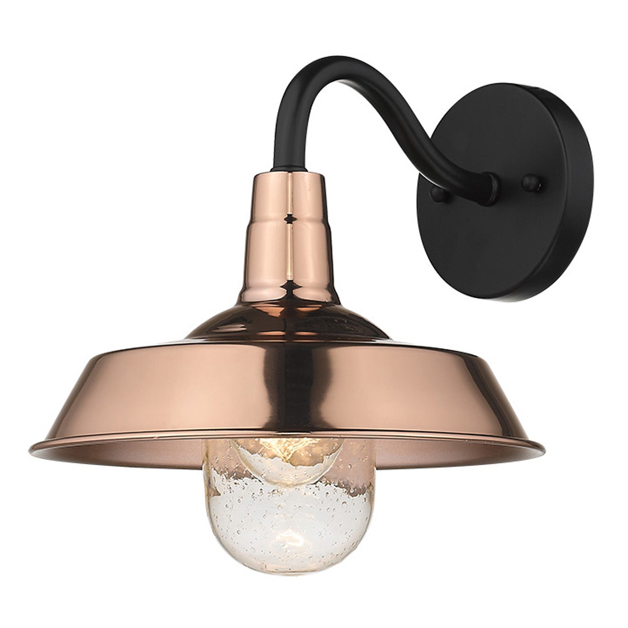 Front right angled view of the lighted Shiny Copper Shallow Plate Wall Light with gooseneck arm and seeded glass globe – farmhouse outdoor wall sconce for porches, patios, and interiors
