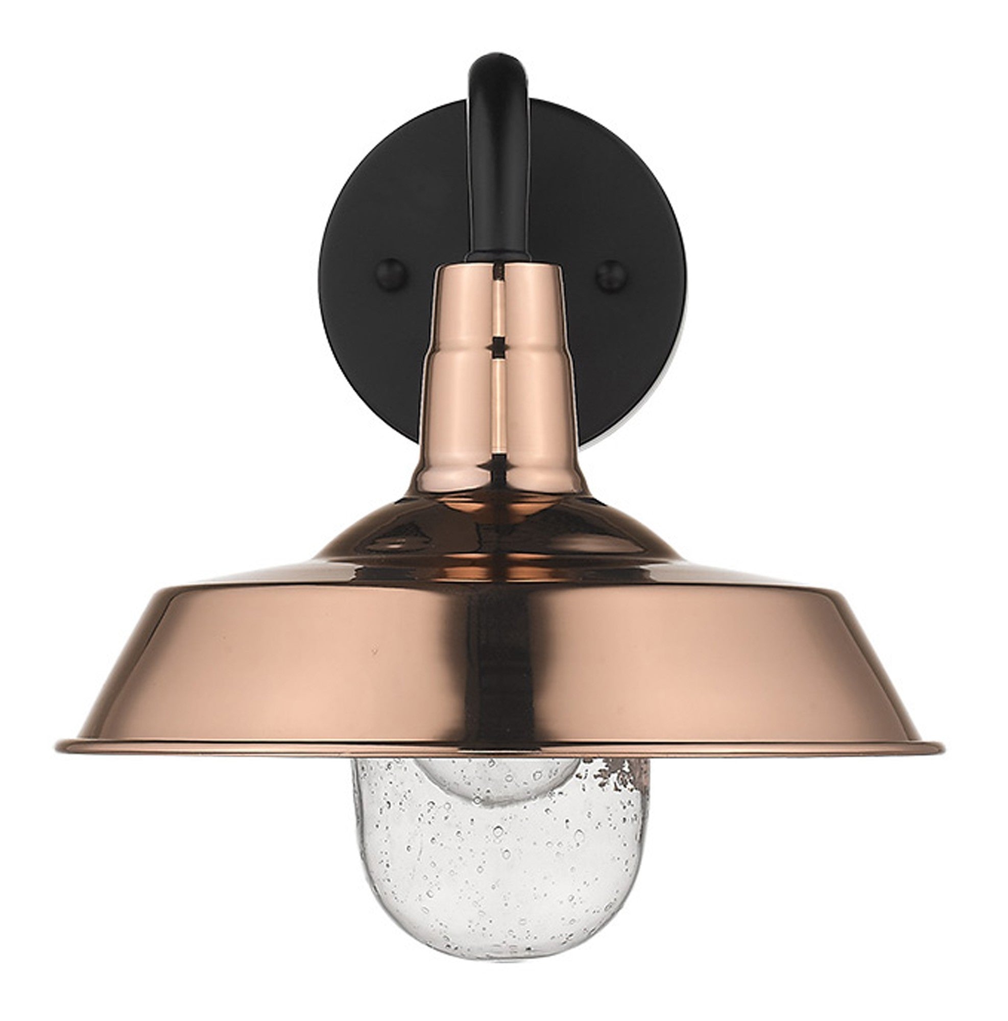 Front view of the Shiny Copper Shallow Plate Wall Light with gooseneck arm and seeded glass globe – farmhouse outdoor wall sconce for porches, patios, and interiors