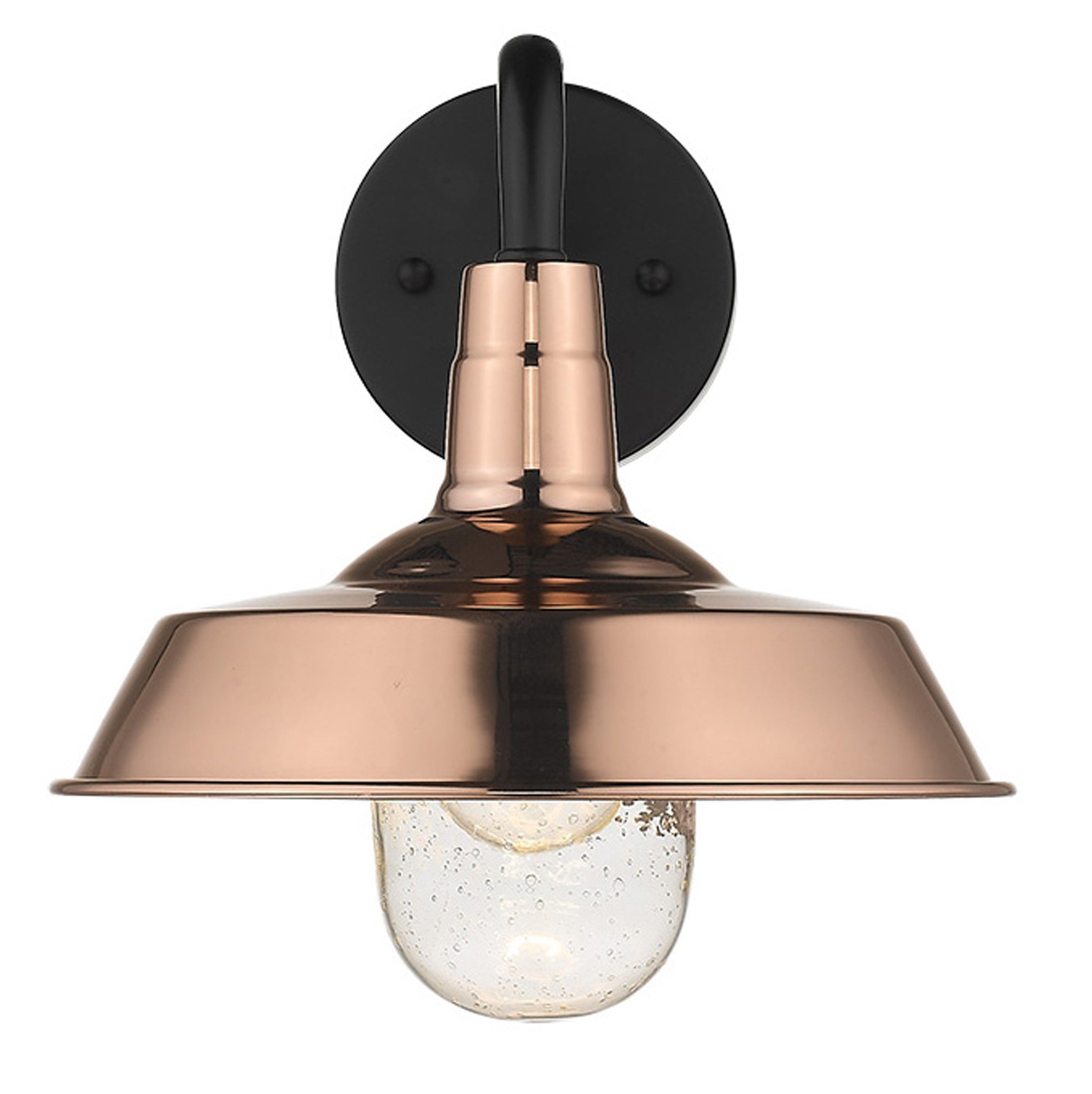 Front view of the lighted Shiny Copper Shallow Plate Wall Light with gooseneck arm and seeded glass globe – farmhouse outdoor wall sconce for porches, patios, and interiors