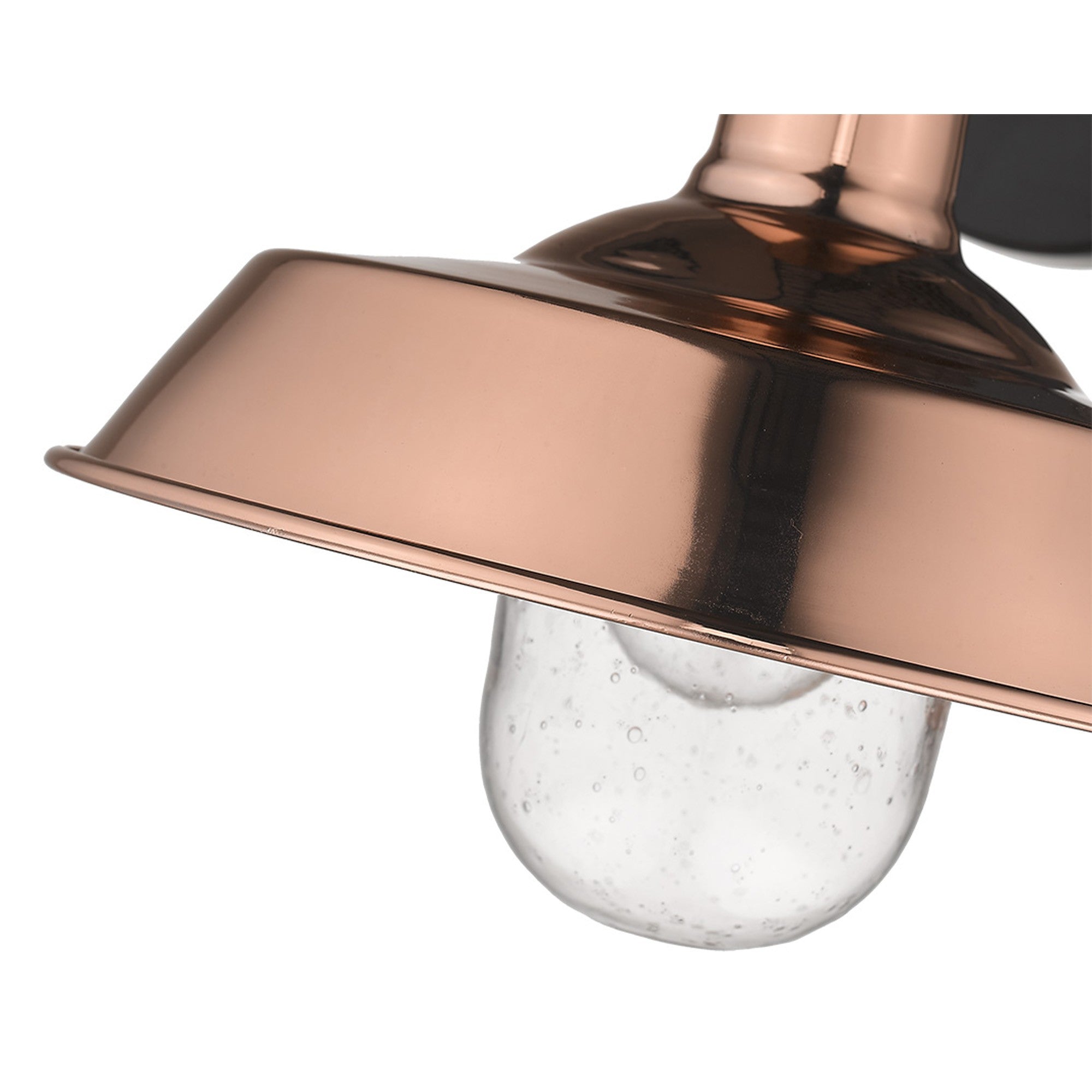Zoomed in view of the fixture and glass globe of the Shiny Copper Shallow Plate Wall Light with gooseneck arm and seeded glass globe – farmhouse outdoor wall sconce for porches, patios, and interiors
