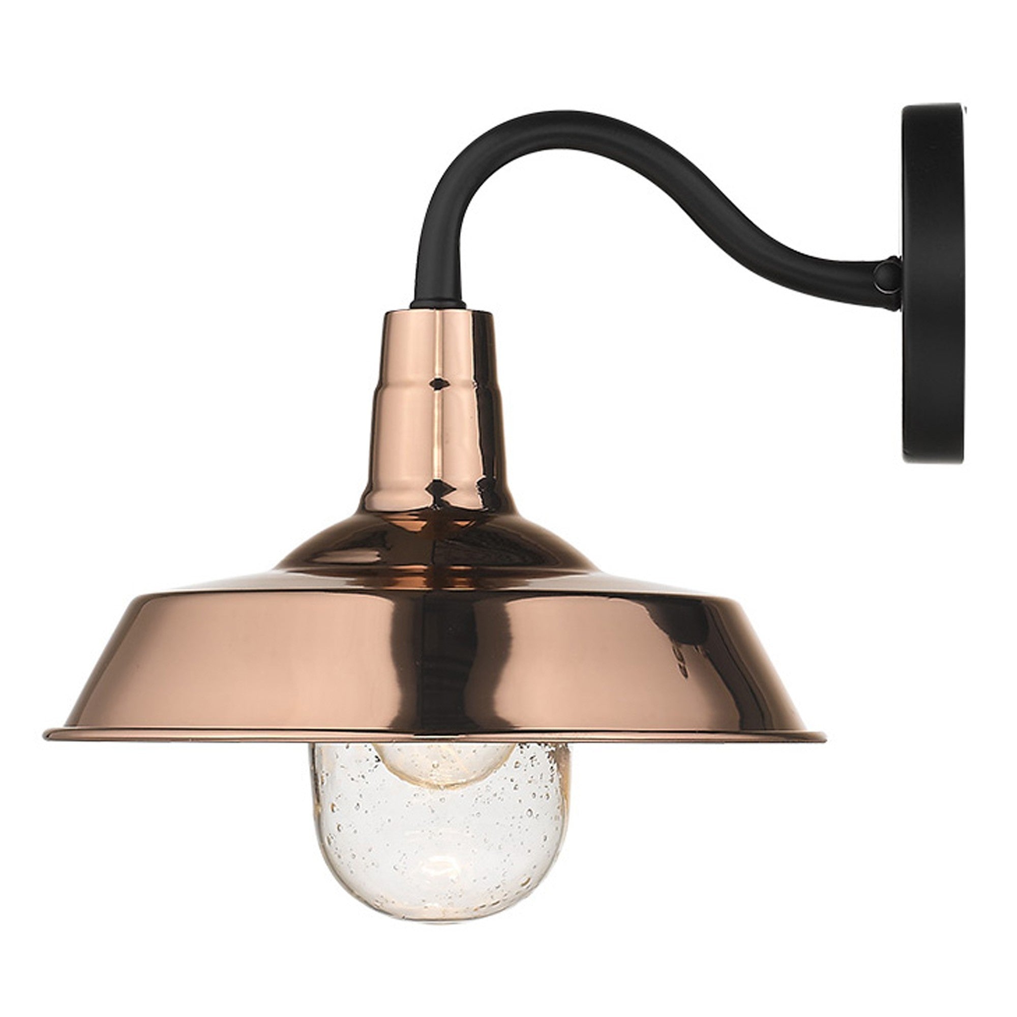 Side view of the lighted Shiny Copper Shallow Plate Wall Light with gooseneck arm and seeded glass globe – farmhouse outdoor wall sconce for porches, patios, and interiors