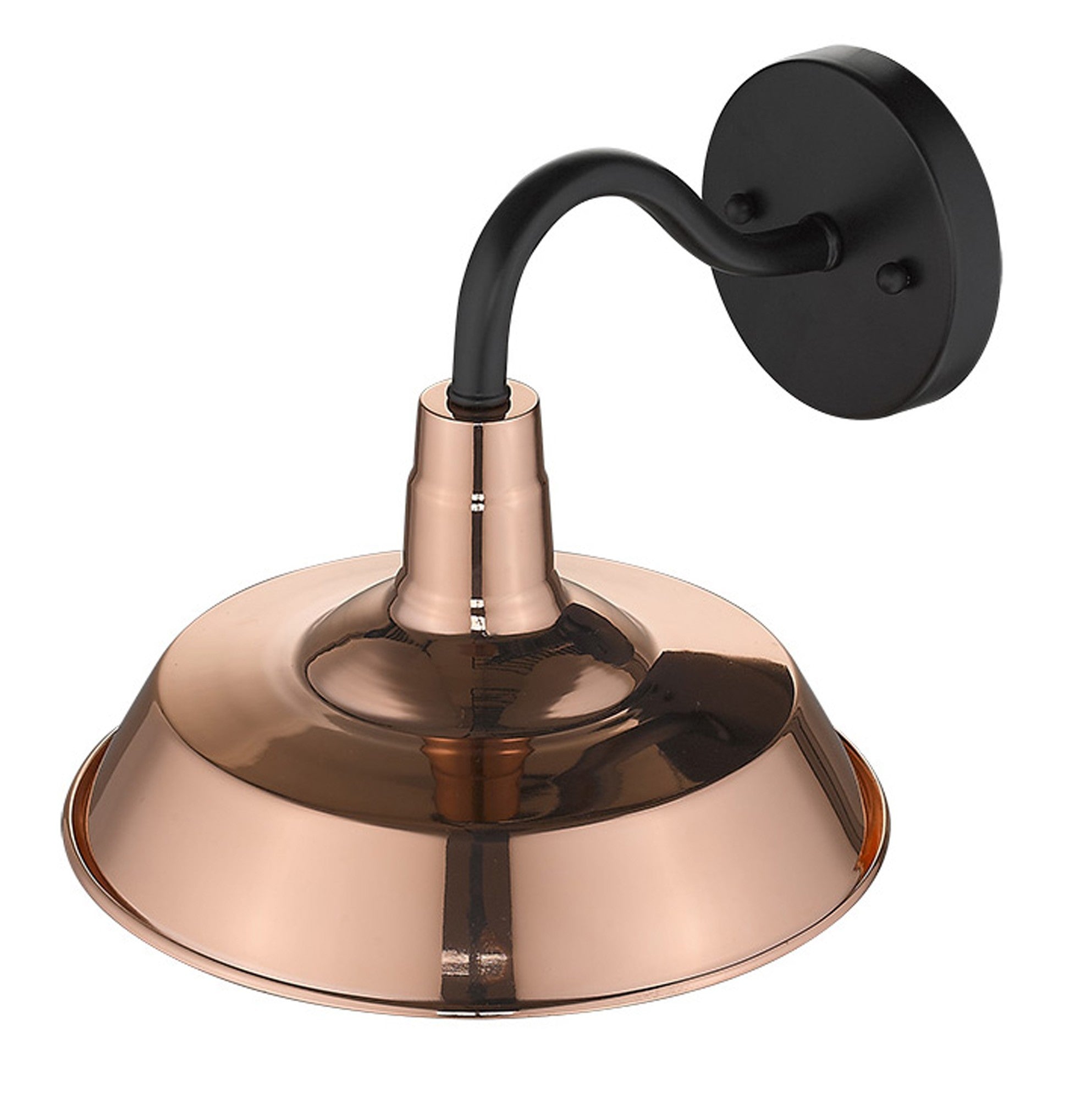 Top down angled view of the Shiny Copper Shallow Plate Wall Light with gooseneck arm and seeded glass globe – farmhouse outdoor wall sconce for porches, patios, and interiors