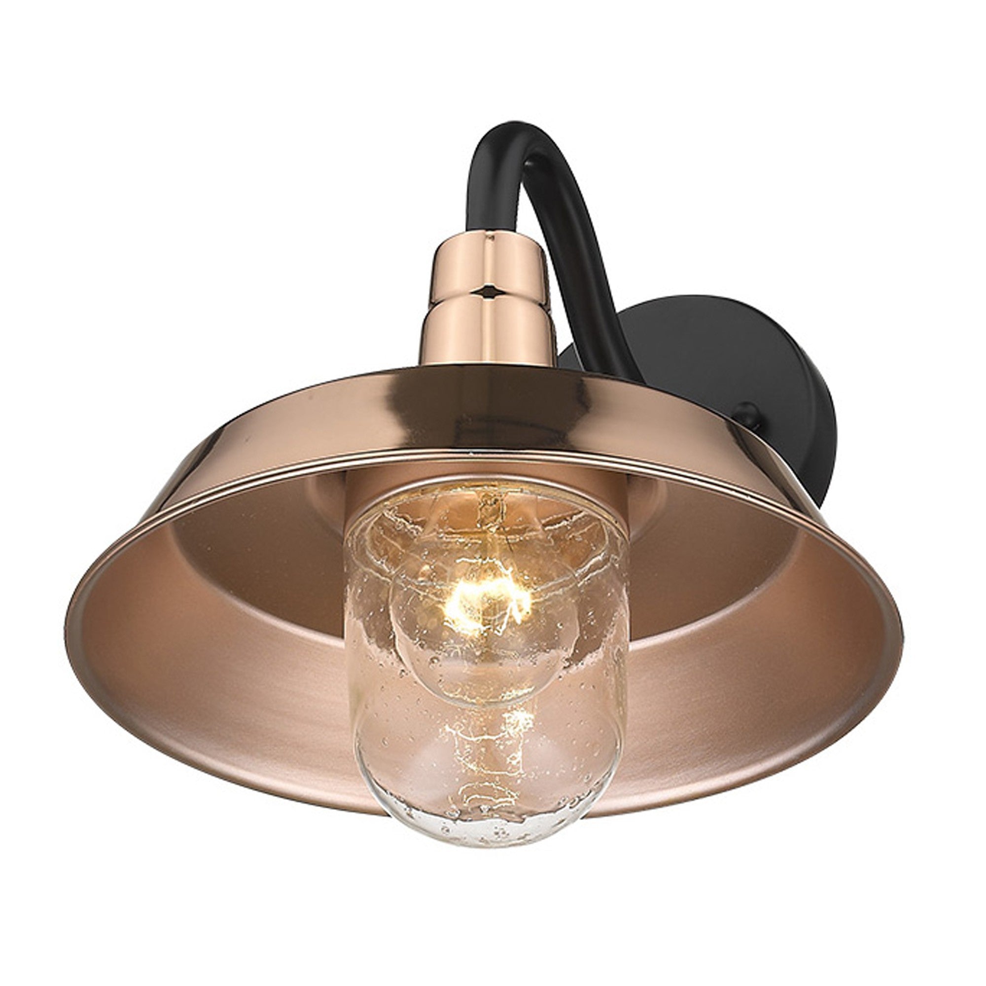 Bottom up angled view of the lighted Shiny Copper Shallow Plate Wall Light with gooseneck arm and seeded glass globe – farmhouse outdoor wall sconce for porches, patios, and interiors