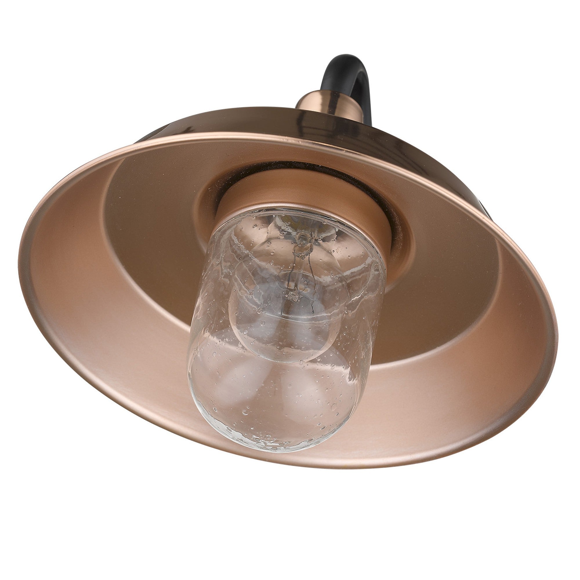 Bottom up angled view of the Shiny Copper Shallow Plate Wall Light with gooseneck arm and seeded glass globe – farmhouse outdoor wall sconce for porches, patios, and interiors