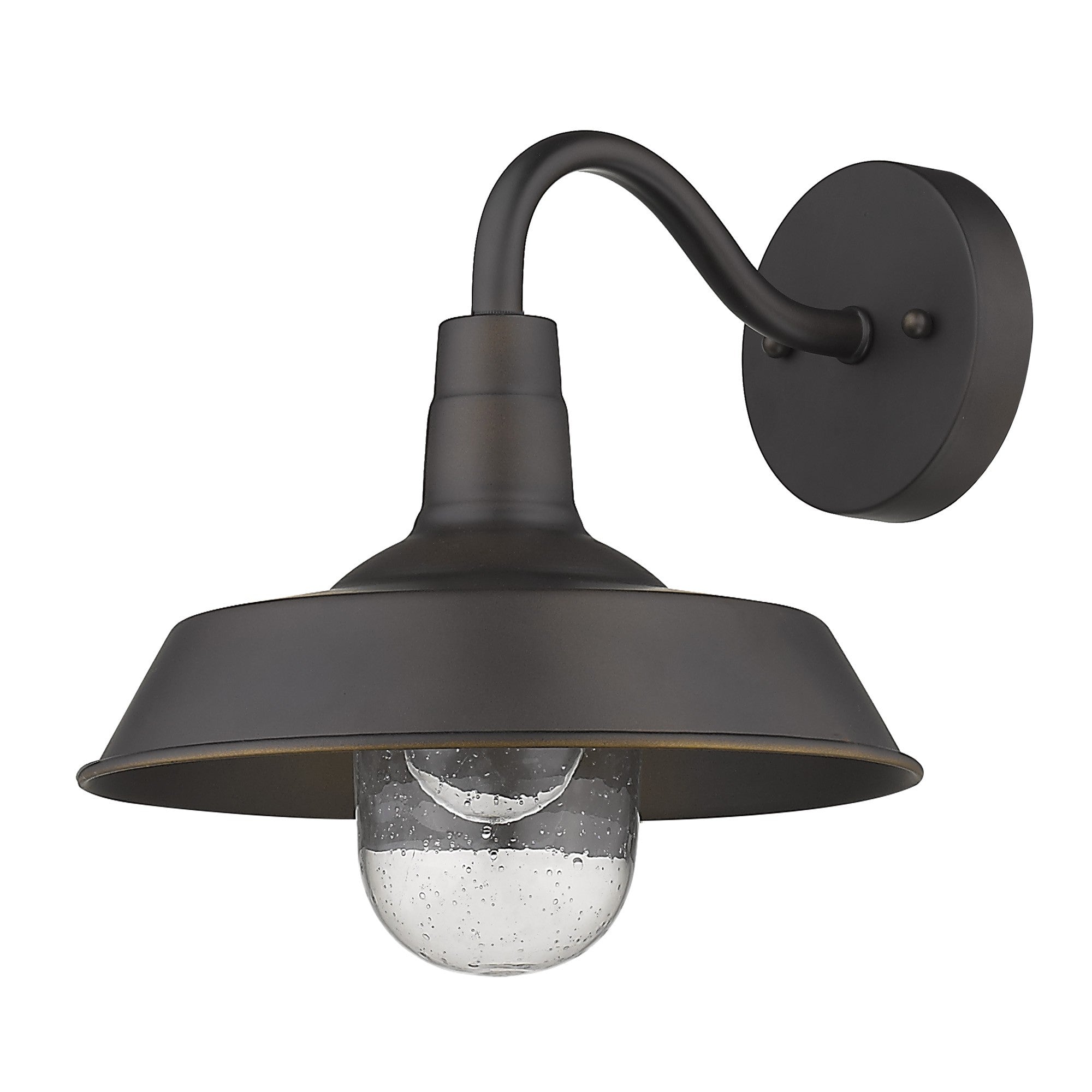 Front right angle view of the Antique Bronze Shallow Plate Wall Light with curved arm and clear seeded glass globe – farmhouse outdoor sconce for entryways, patios, and interiors