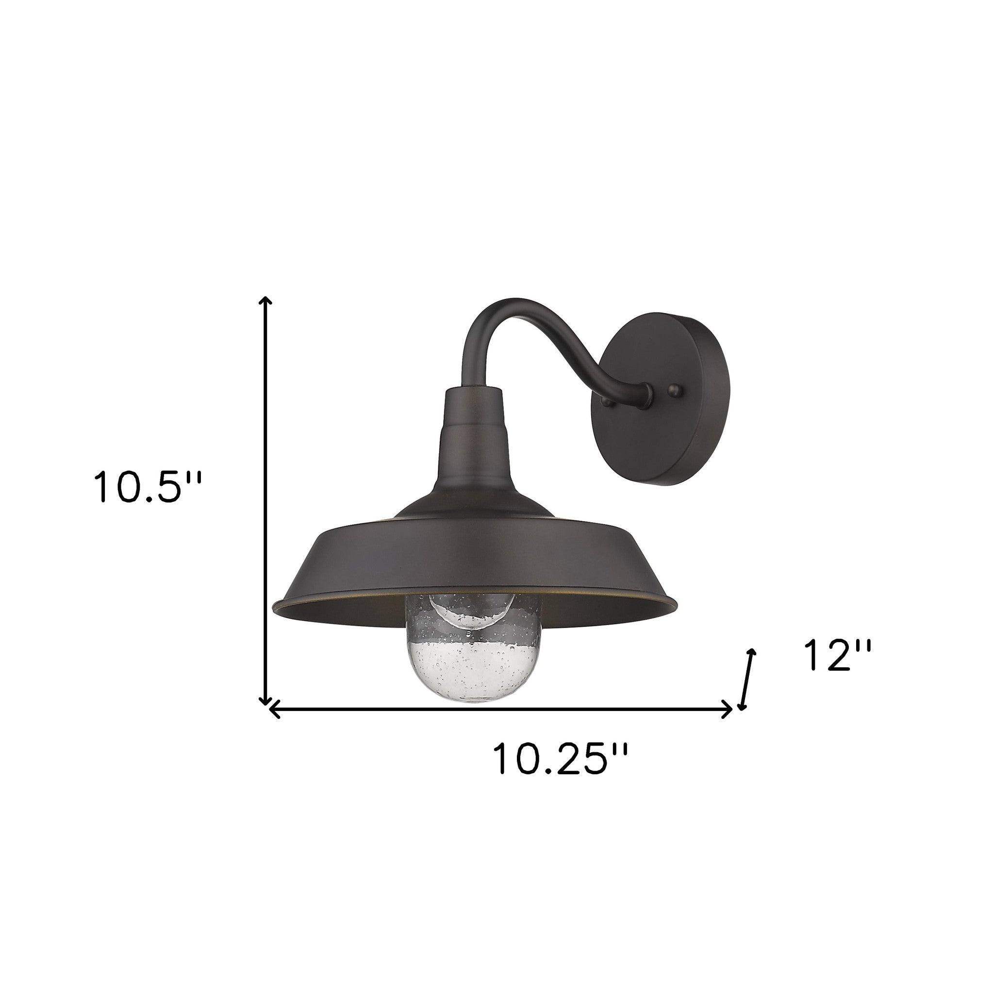 Bronze Shallow Plate Wall Light with curved arm and clear seeded glass globe – farmhouse outdoor sconce for entryways, patios, and interiors shown with dimensions of 10 point 5 inches high by 10 point 25 inches wide by 12 inches deep