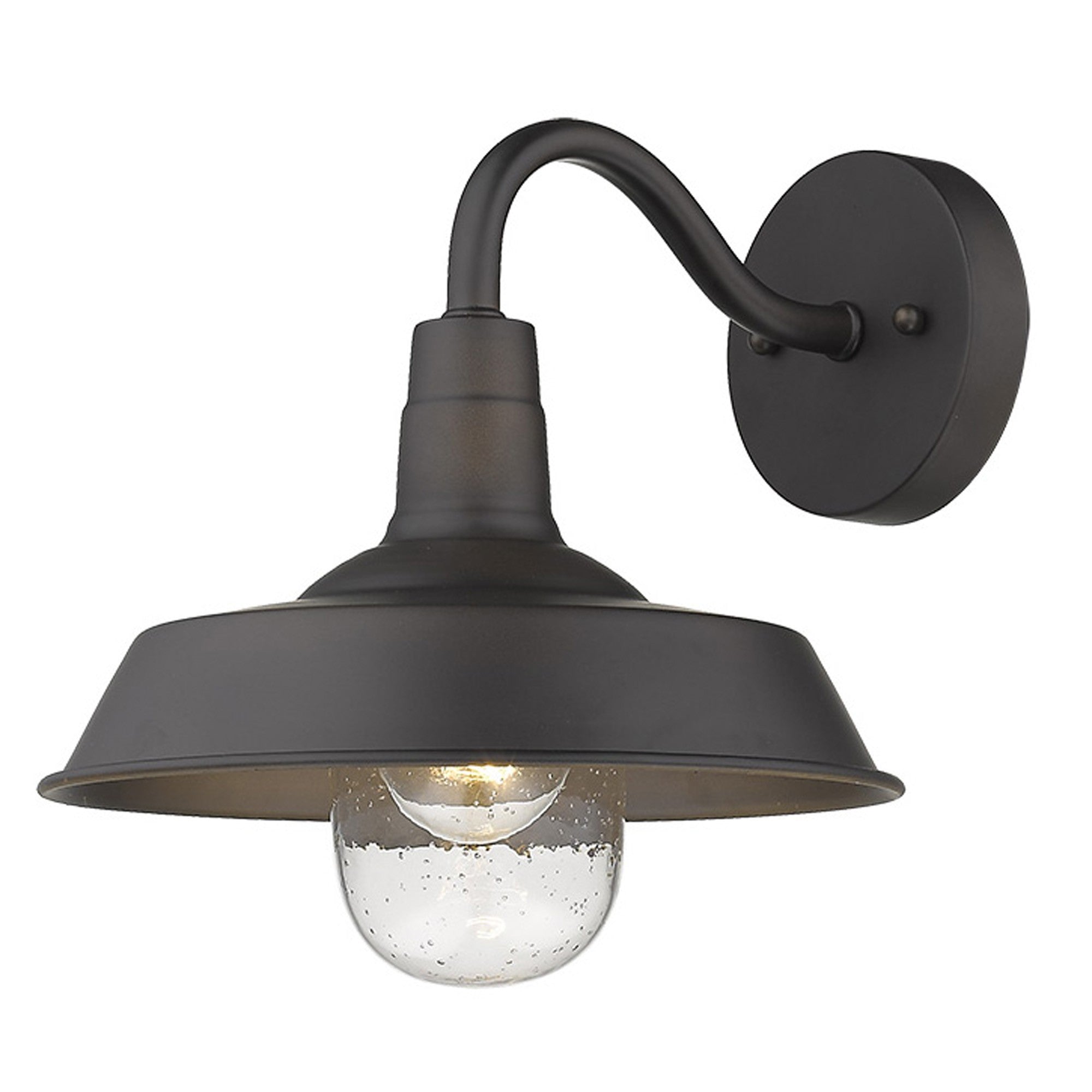 Front right angle view of the lighted Antique Bronze Shallow Plate Wall Light with curved arm and clear seeded glass globe – farmhouse outdoor sconce for entryways, patios, and interiors