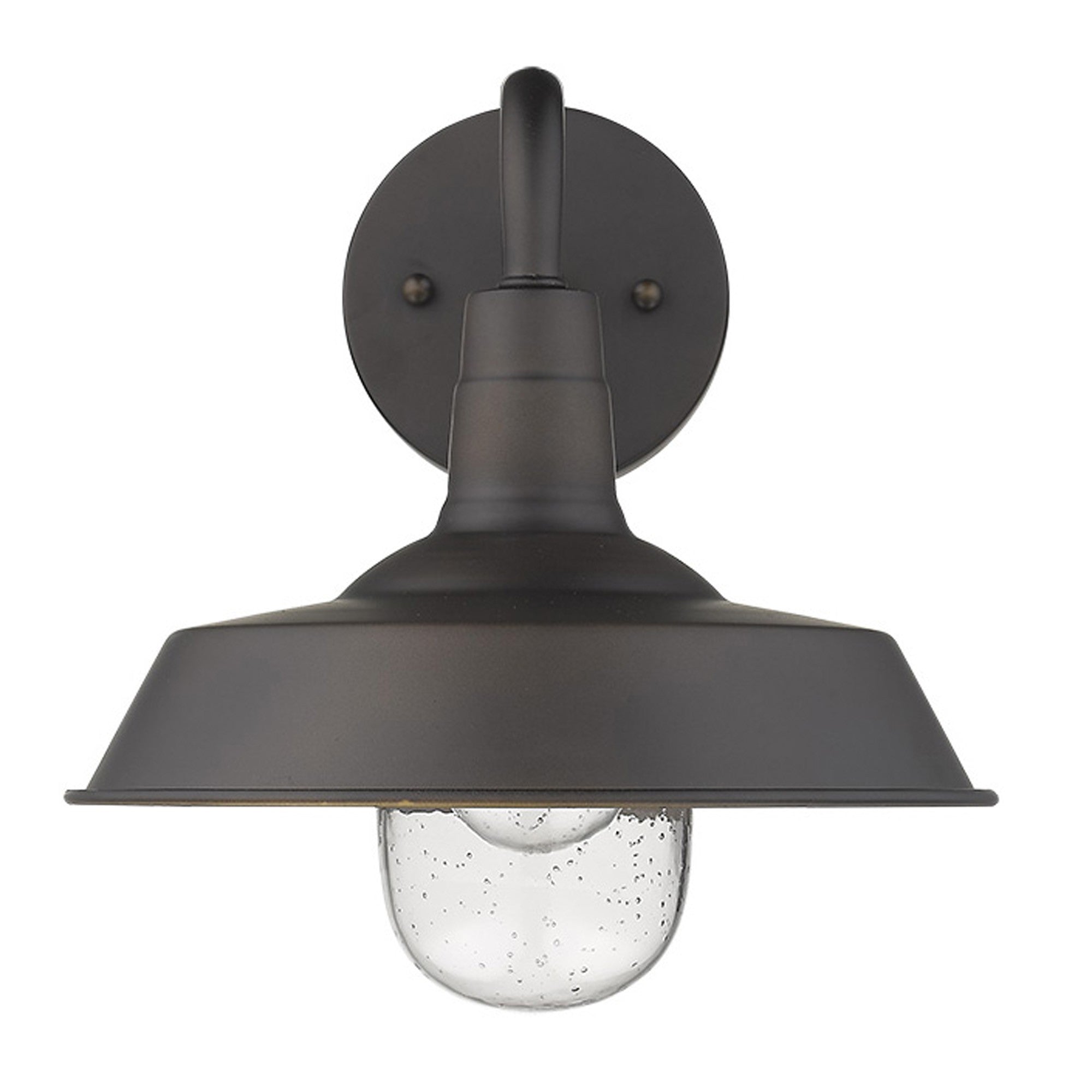 Front view of the Antique Bronze Shallow Plate Wall Light with curved arm and clear seeded glass globe – farmhouse outdoor sconce for entryways, patios, and interiors