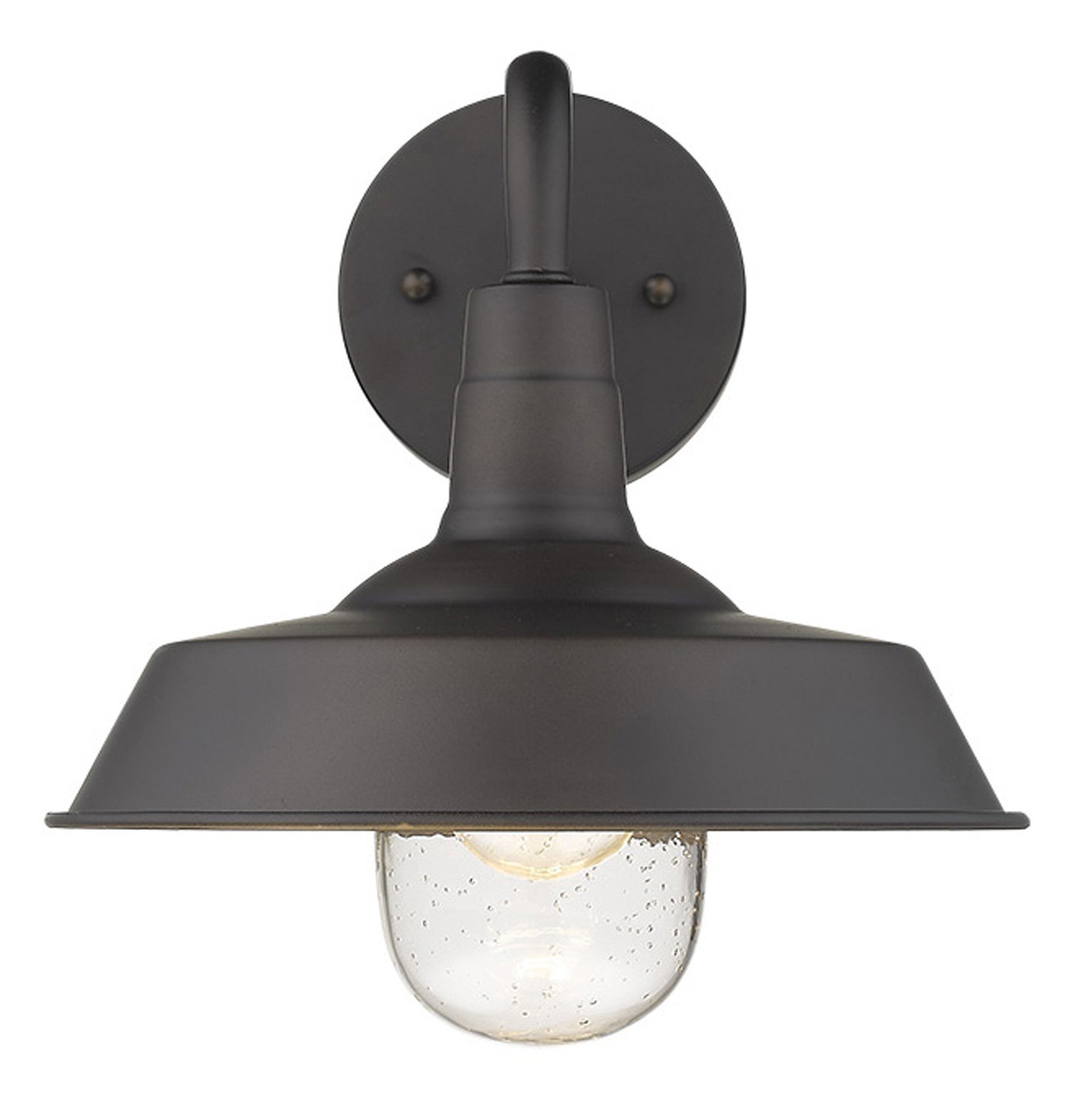 Front view of the lighted Antique Bronze Shallow Plate Wall Light with curved arm and clear seeded glass globe – farmhouse outdoor sconce for entryways, patios, and interiors
