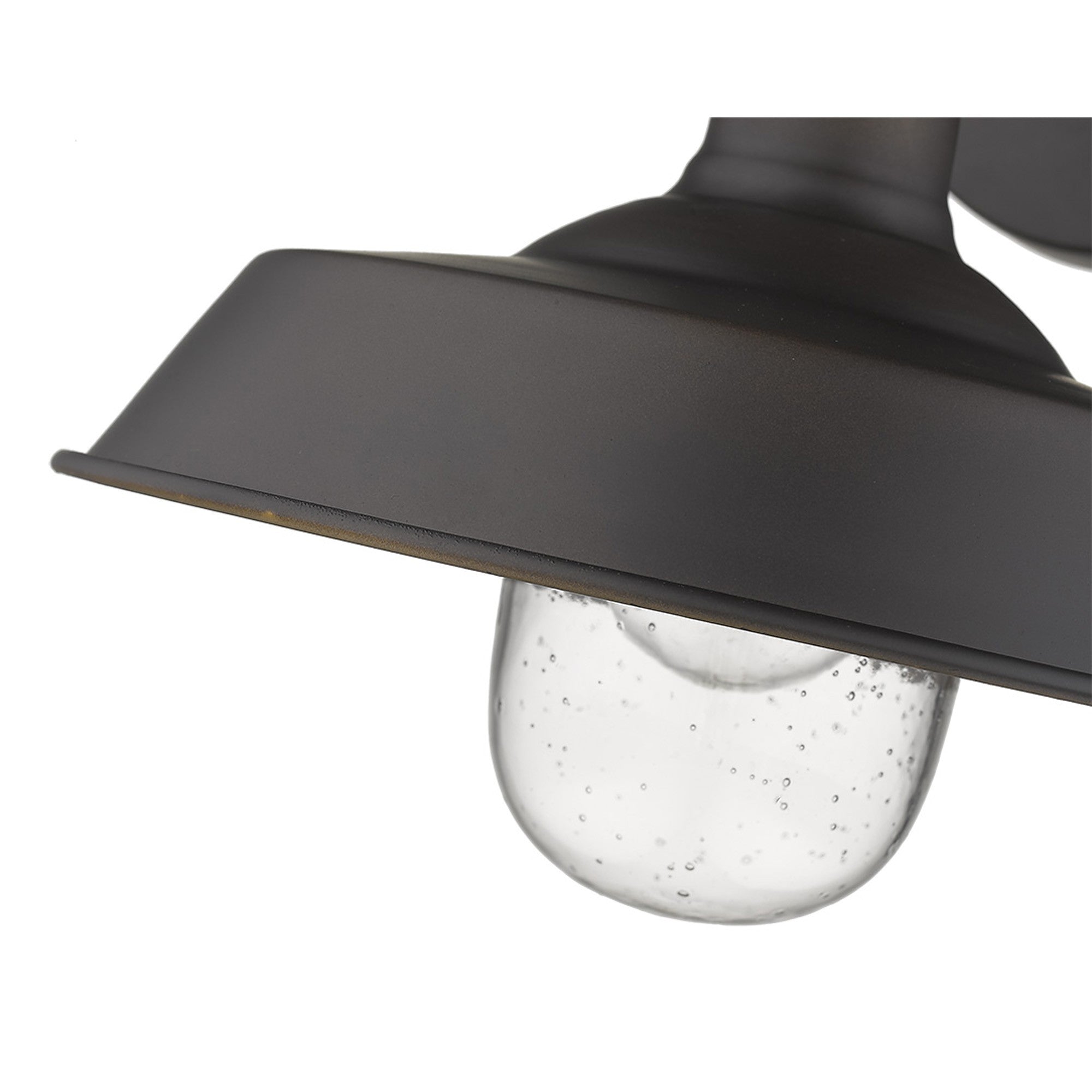 Zoomed in view of the shade and glass globe of the Antique Bronze Shallow Plate Wall Light with curved arm and clear seeded glass globe – farmhouse outdoor sconce for entryways, patios, and interiors