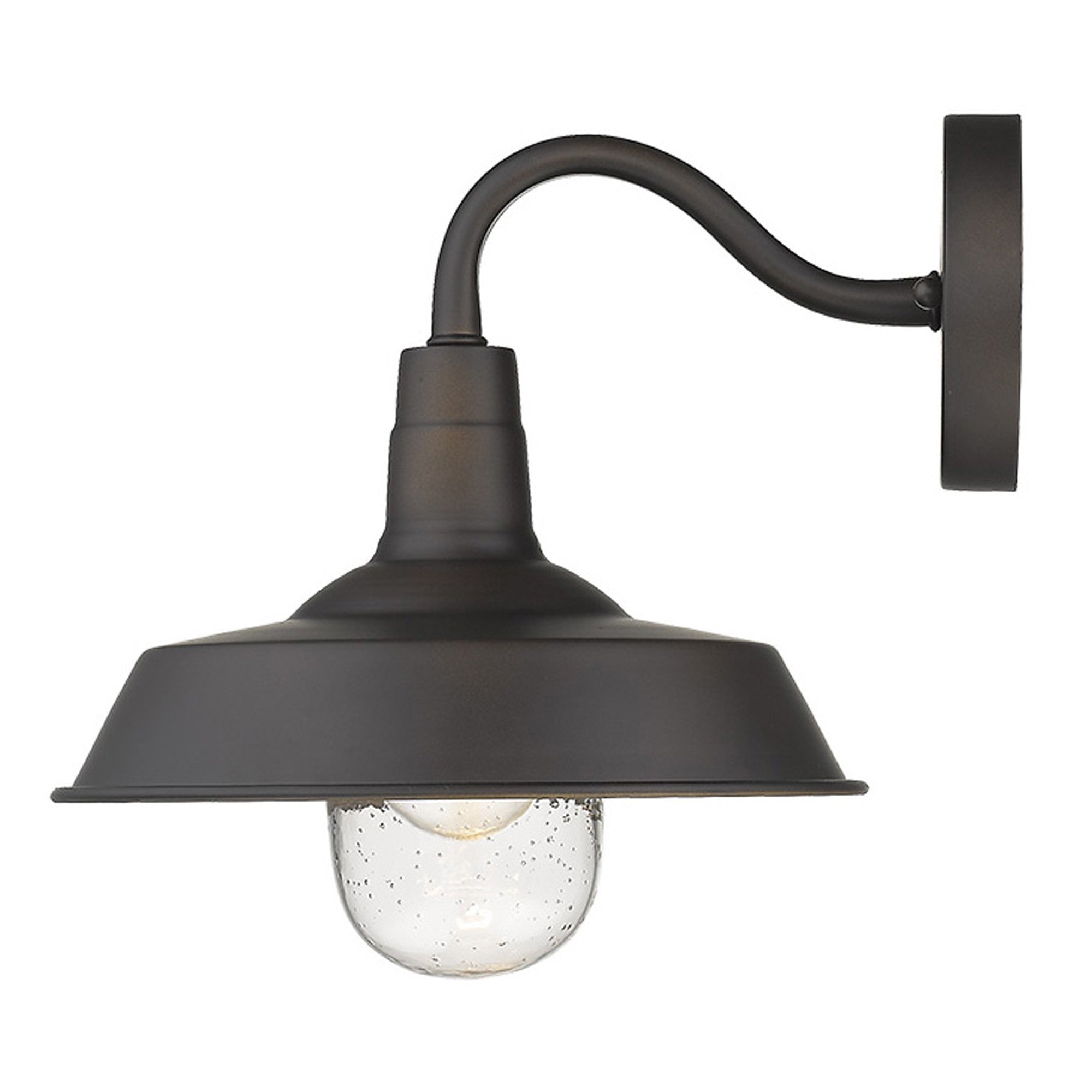 Side view of the lighted Antique Bronze Shallow Plate Wall Light with curved arm and clear seeded glass globe – farmhouse outdoor sconce for entryways, patios, and interiors