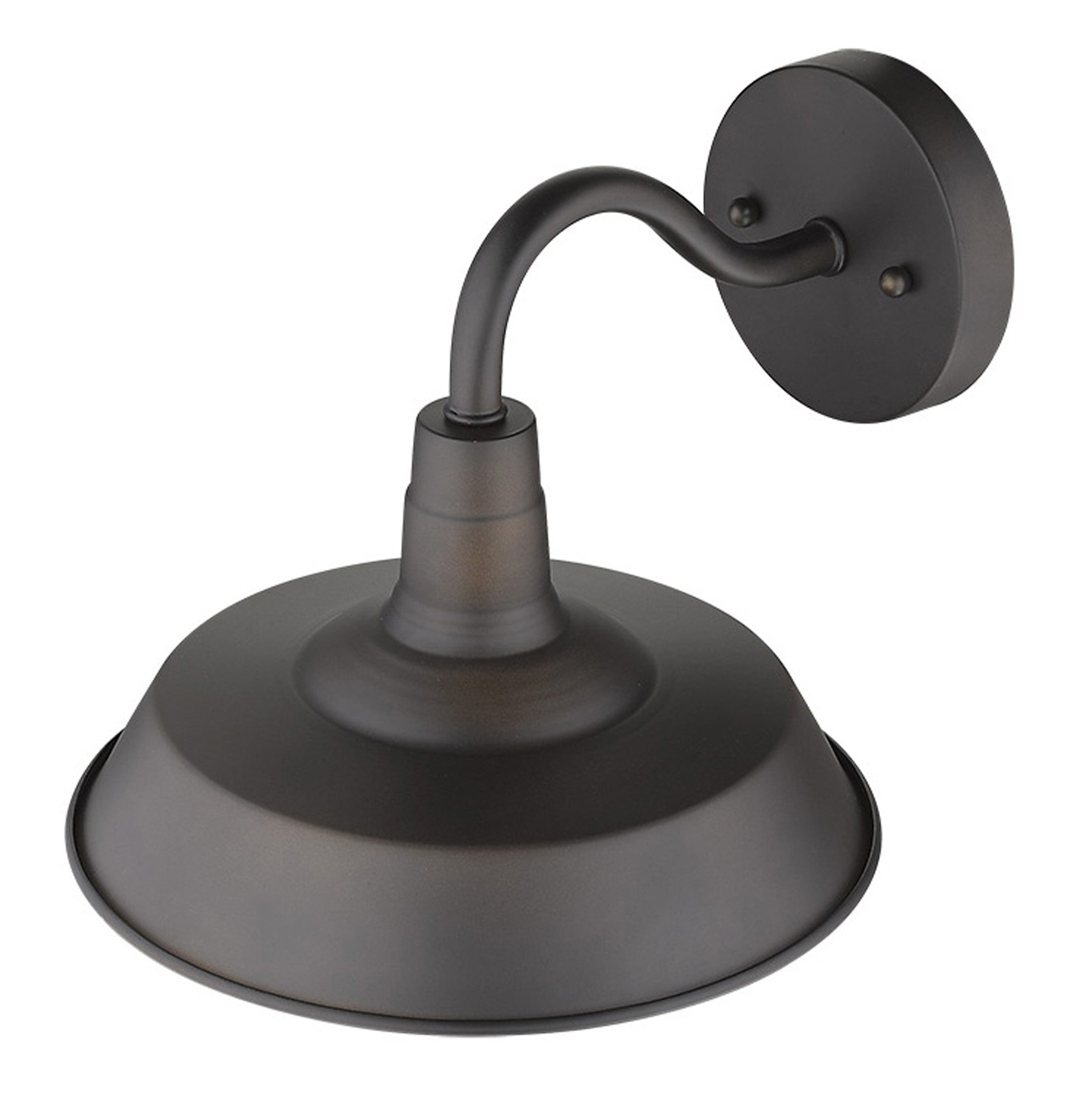 Top down angle view of the Antique Bronze Shallow Plate Wall Light with curved arm and clear seeded glass globe – farmhouse outdoor sconce for entryways, patios, and interiors