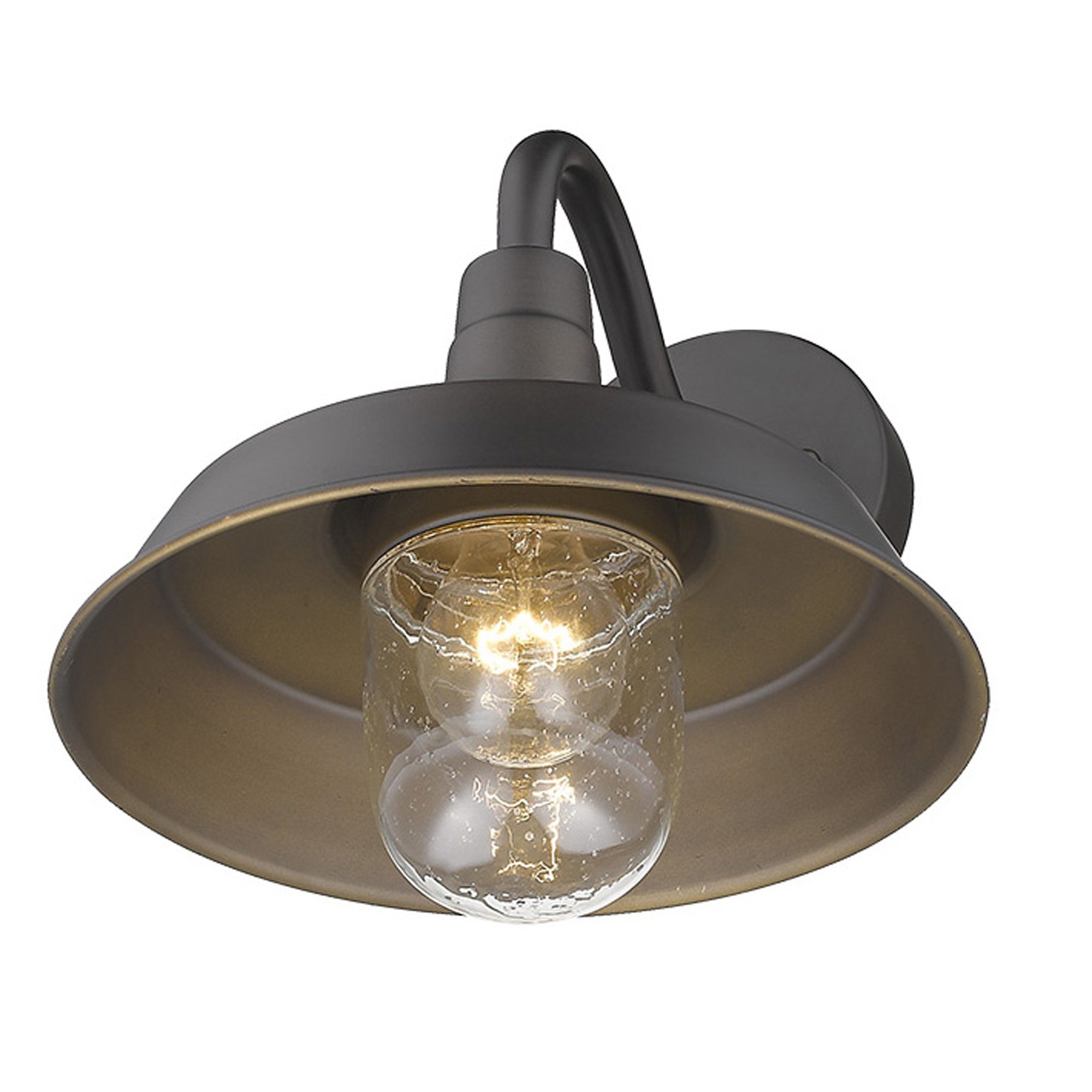 Bottom up angle view of the lighted Antique Bronze Shallow Plate Wall Light with curved arm and clear seeded glass globe – farmhouse outdoor sconce for entryways, patios, and interiors