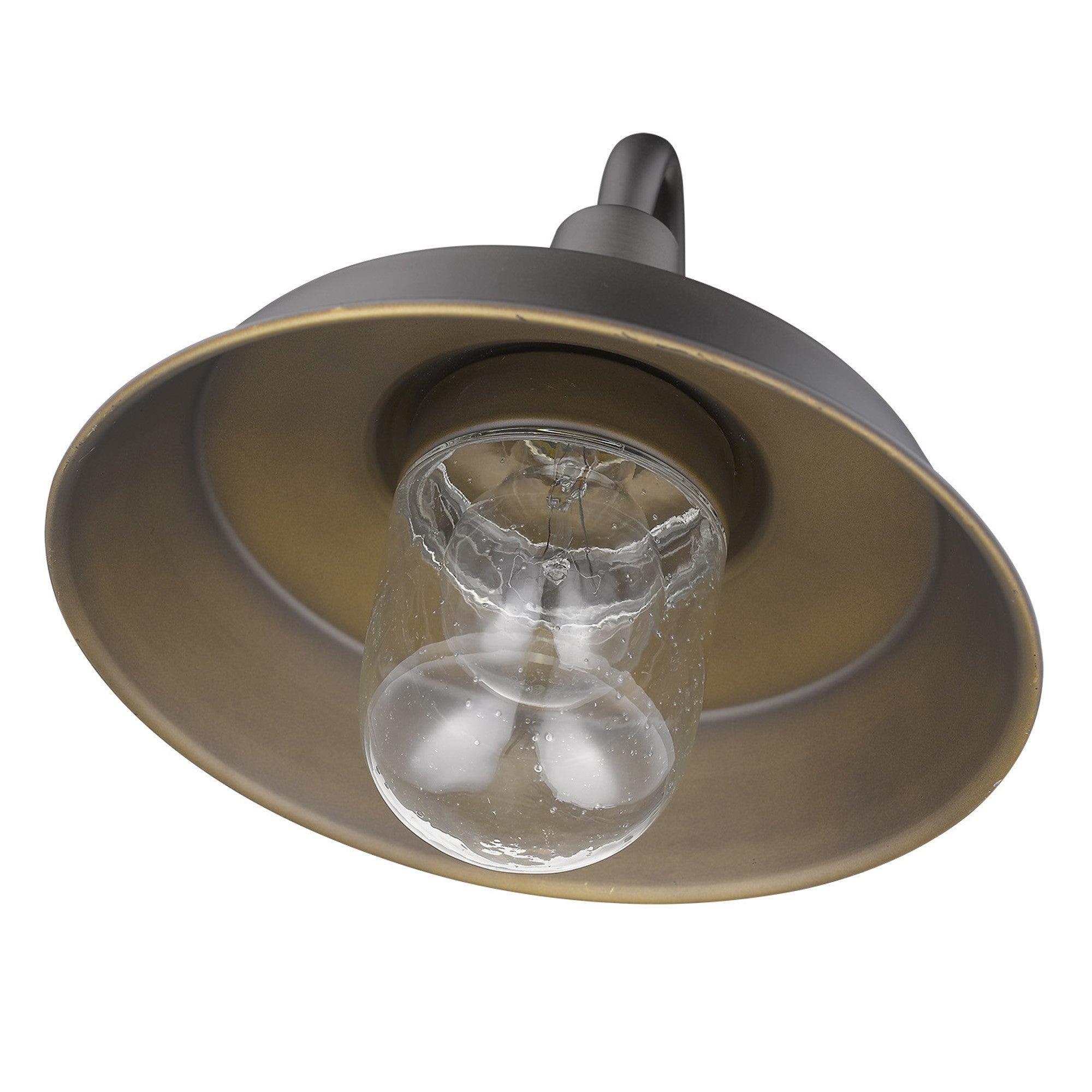 Bottom up angle view of the Antique Bronze Shallow Plate Wall Light with curved arm and clear seeded glass globe – farmhouse outdoor sconce for entryways, patios, and interiors