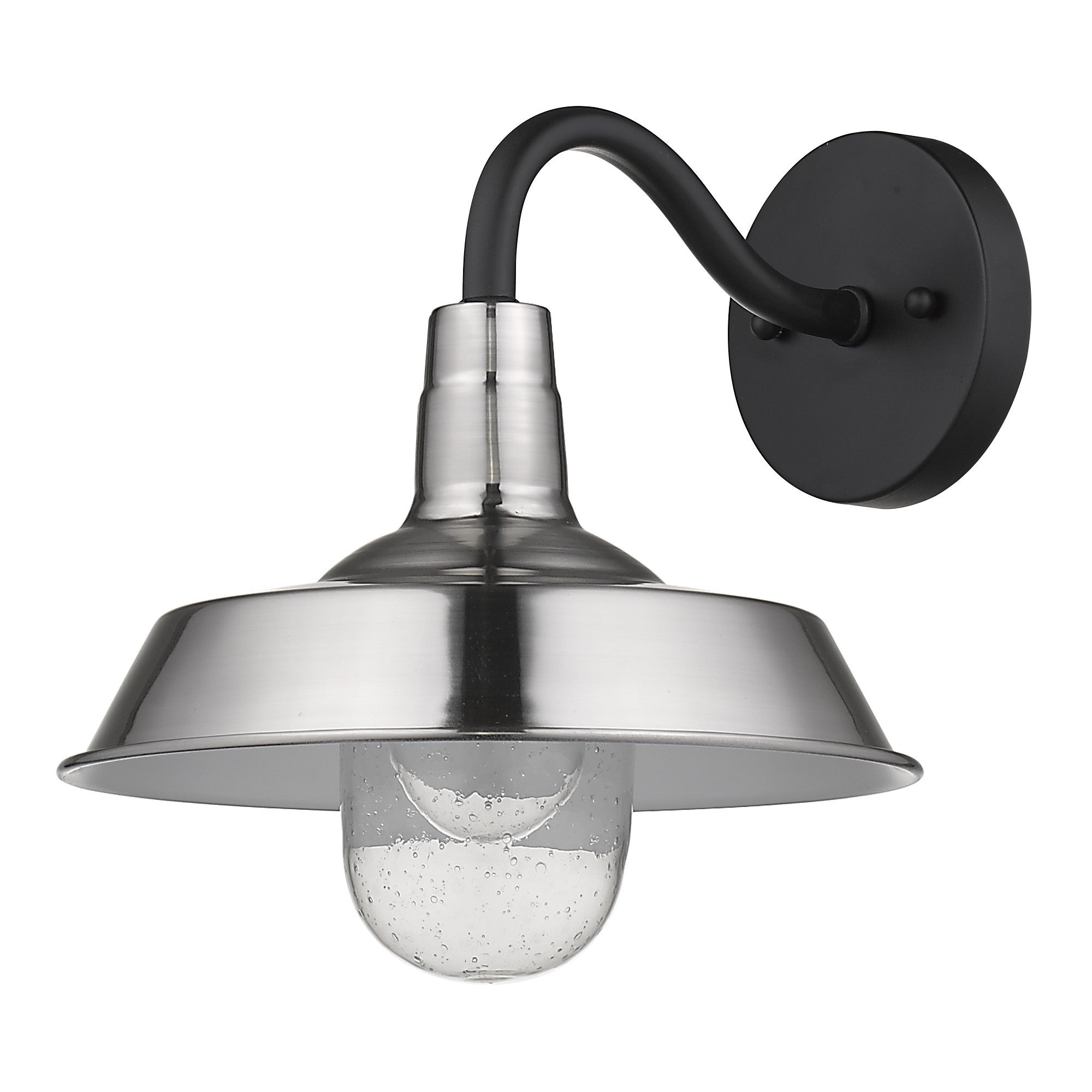 Front and right side angle view of the Silver Shallow Plate Outdoor Wall Light with matte black bracket and silver shade – modern farmhouse wall sconce for indoor or outdoor use