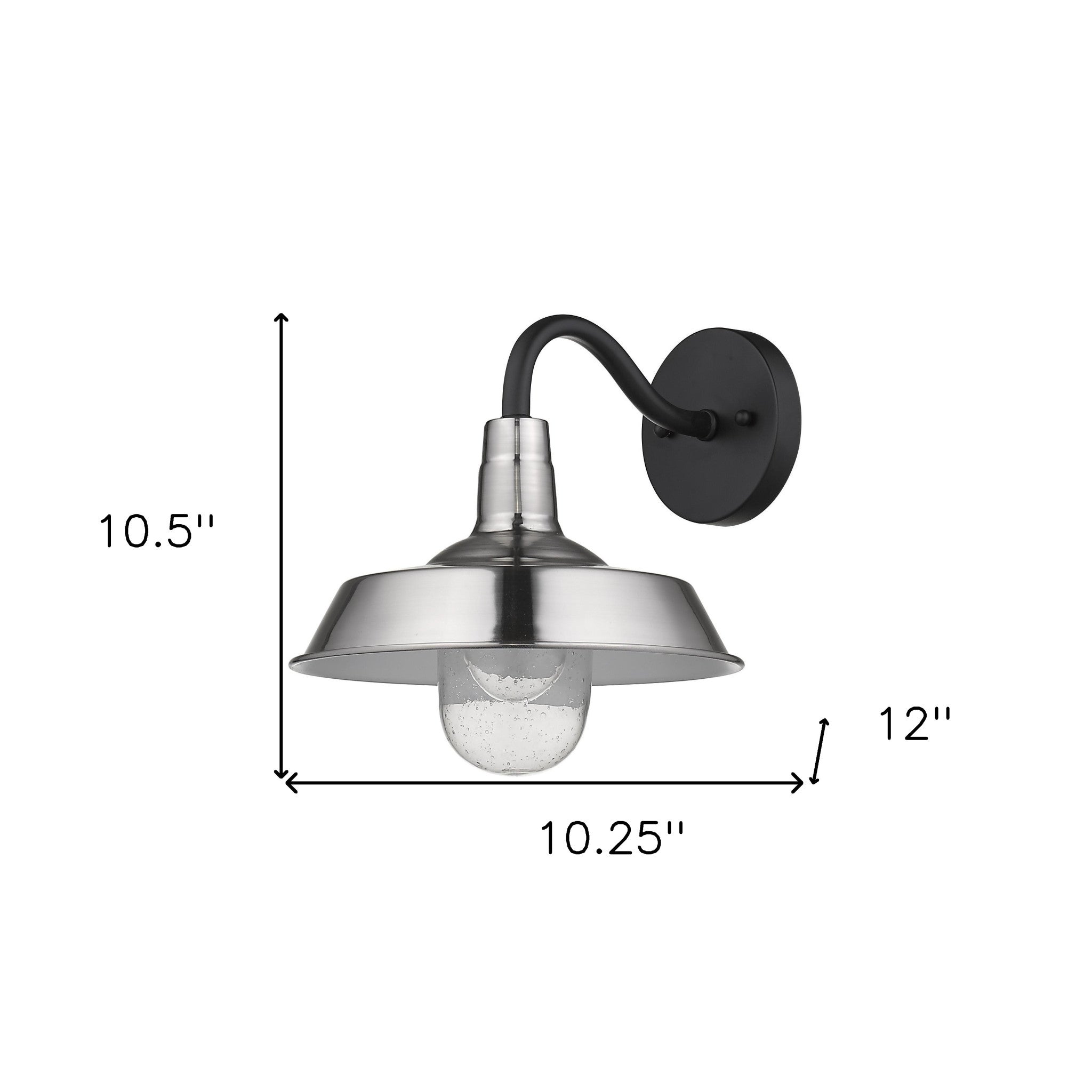 Silver Shallow Plate Outdoor Wall Light with matte black bracket and silver shade – modern farmhouse wall sconce for indoor or outdoor use shown with dimensions of 10 point 5 inches high by 10 point 24 inches wide by 12 inches deep