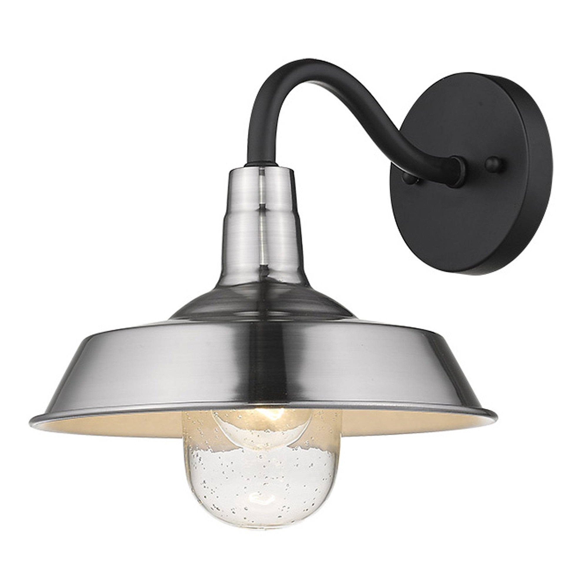 Front and right side angle view of the lighted Silver Shallow Plate Outdoor Wall Light with matte black bracket and silver shade – modern farmhouse wall sconce for indoor or outdoor use