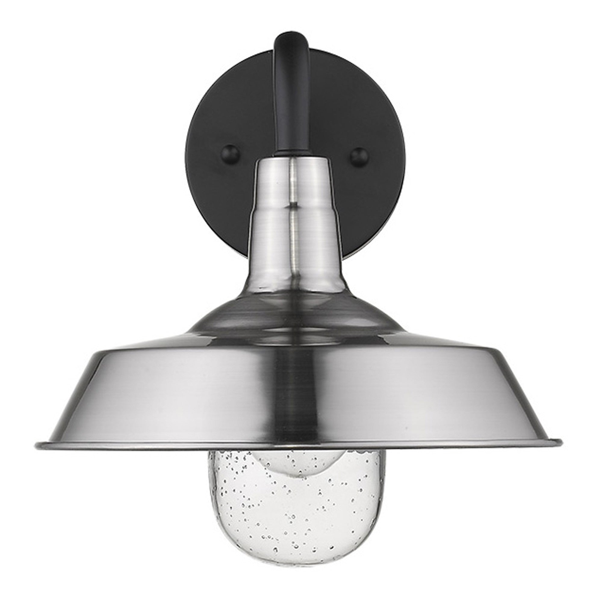 Front view of the Silver Shallow Plate Outdoor Wall Light with matte black bracket and silver shade – modern farmhouse wall sconce for indoor or outdoor use