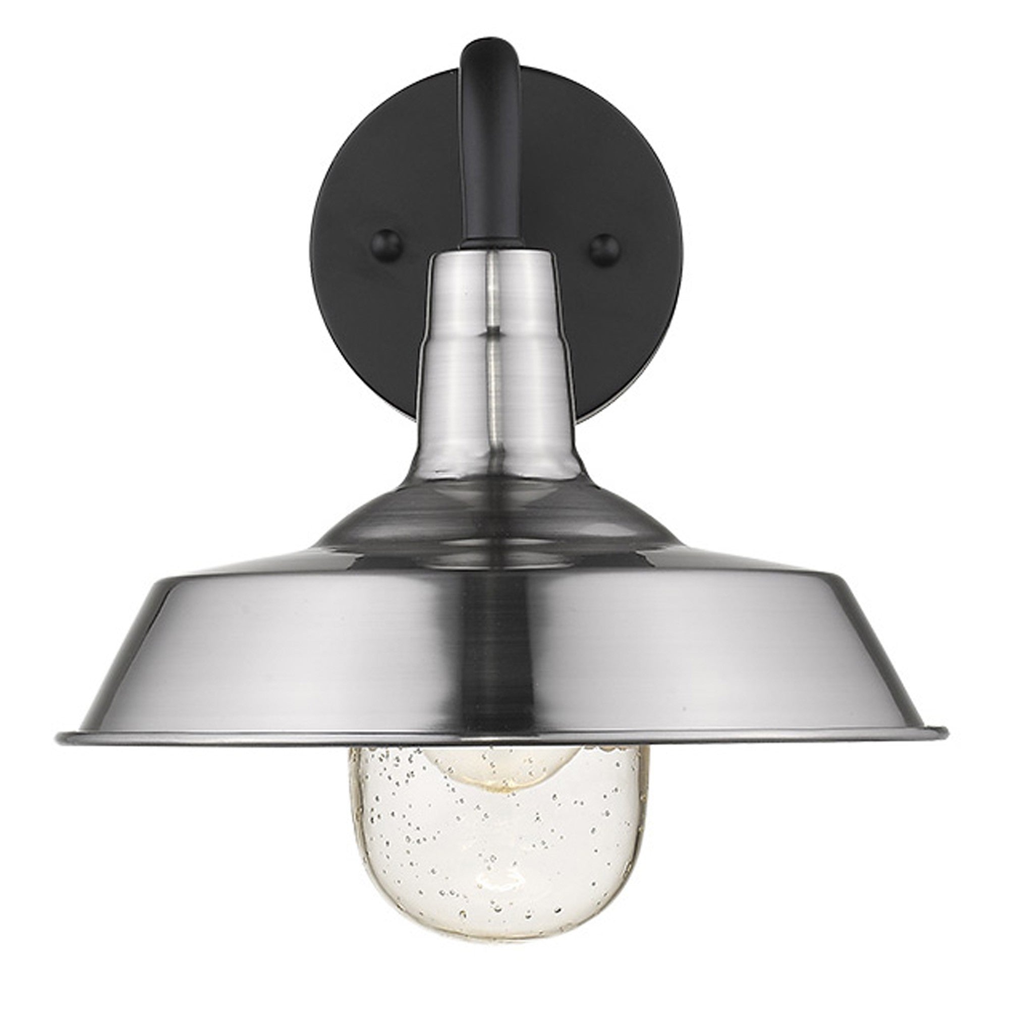 Front view of the lighted Silver Shallow Plate Outdoor Wall Light with matte black bracket and silver shade – modern farmhouse wall sconce for indoor or outdoor use