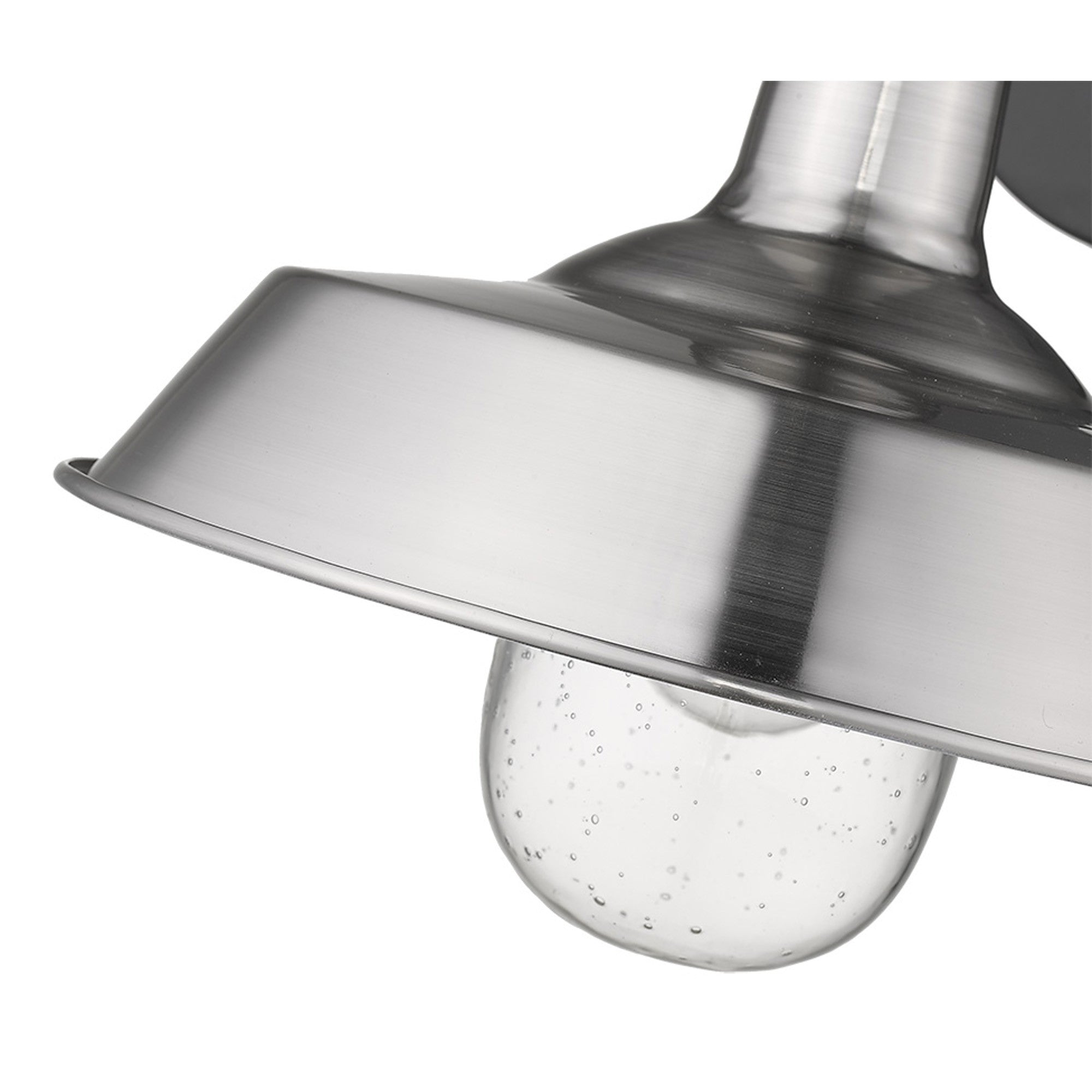 Zoomed in view of the fixture and glass globe of the Silver Shallow Plate Outdoor Wall Light with matte black bracket and silver shade – modern farmhouse wall sconce for indoor or outdoor use