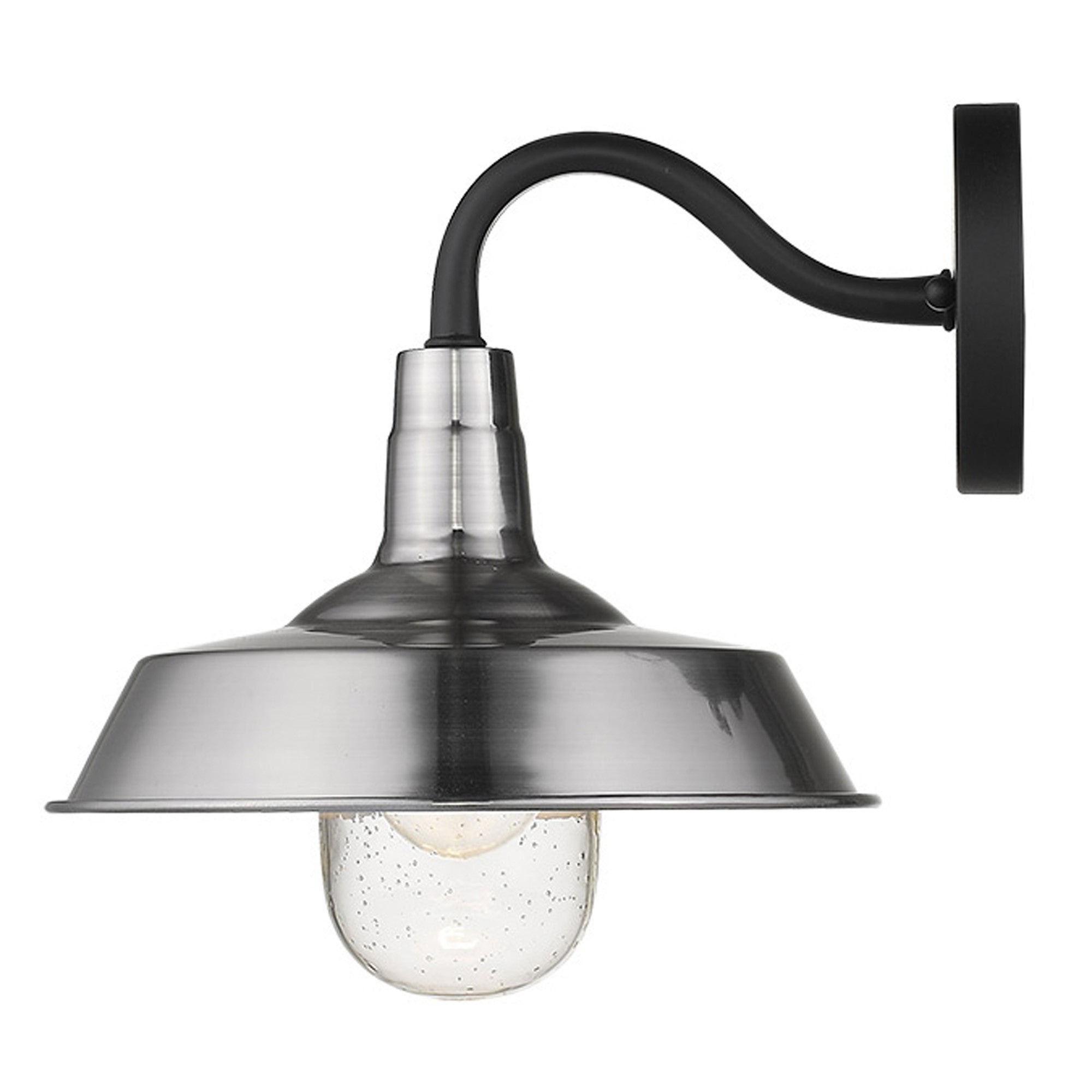 Side view of the lighted Silver Shallow Plate Outdoor Wall Light with matte black bracket and silver shade – modern farmhouse wall sconce for indoor or outdoor use