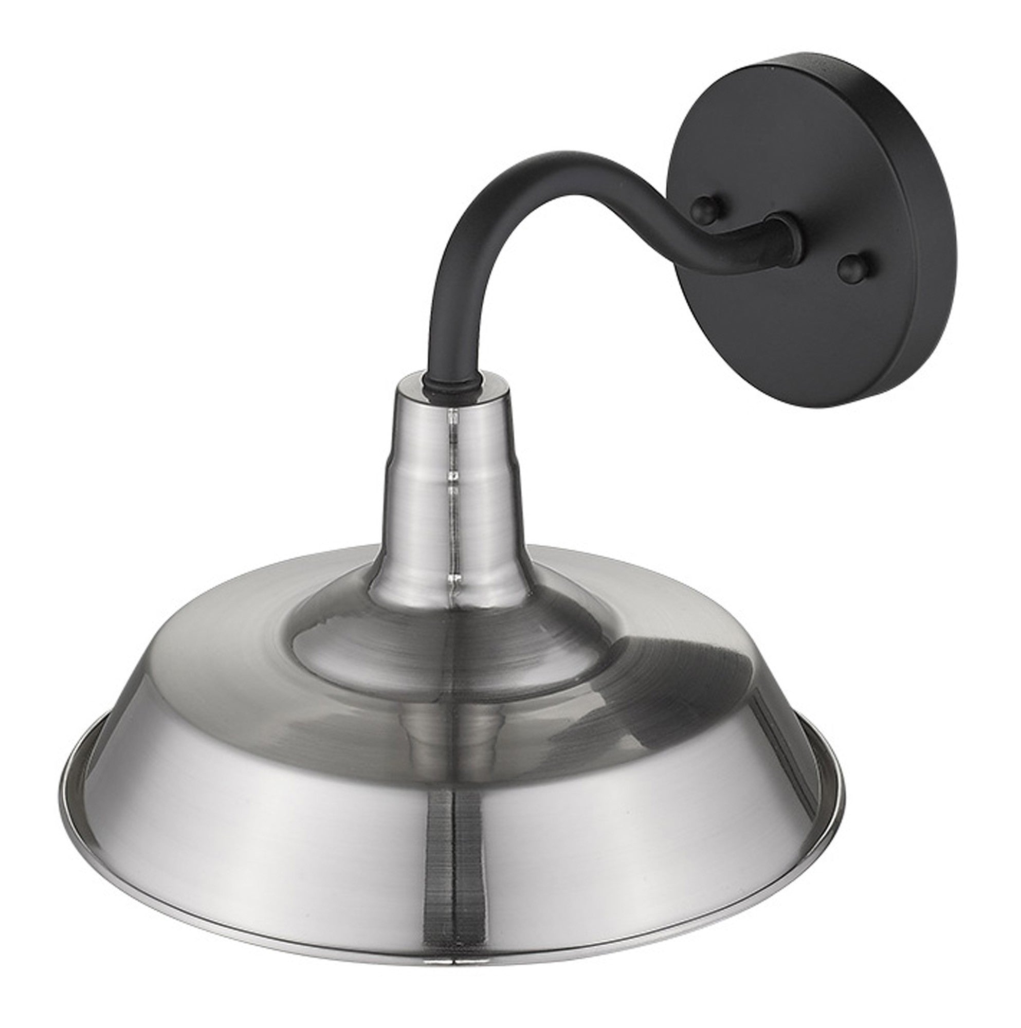 Top down angle view of the Silver Shallow Plate Outdoor Wall Light with matte black bracket and silver shade – modern farmhouse wall sconce for indoor or outdoor use