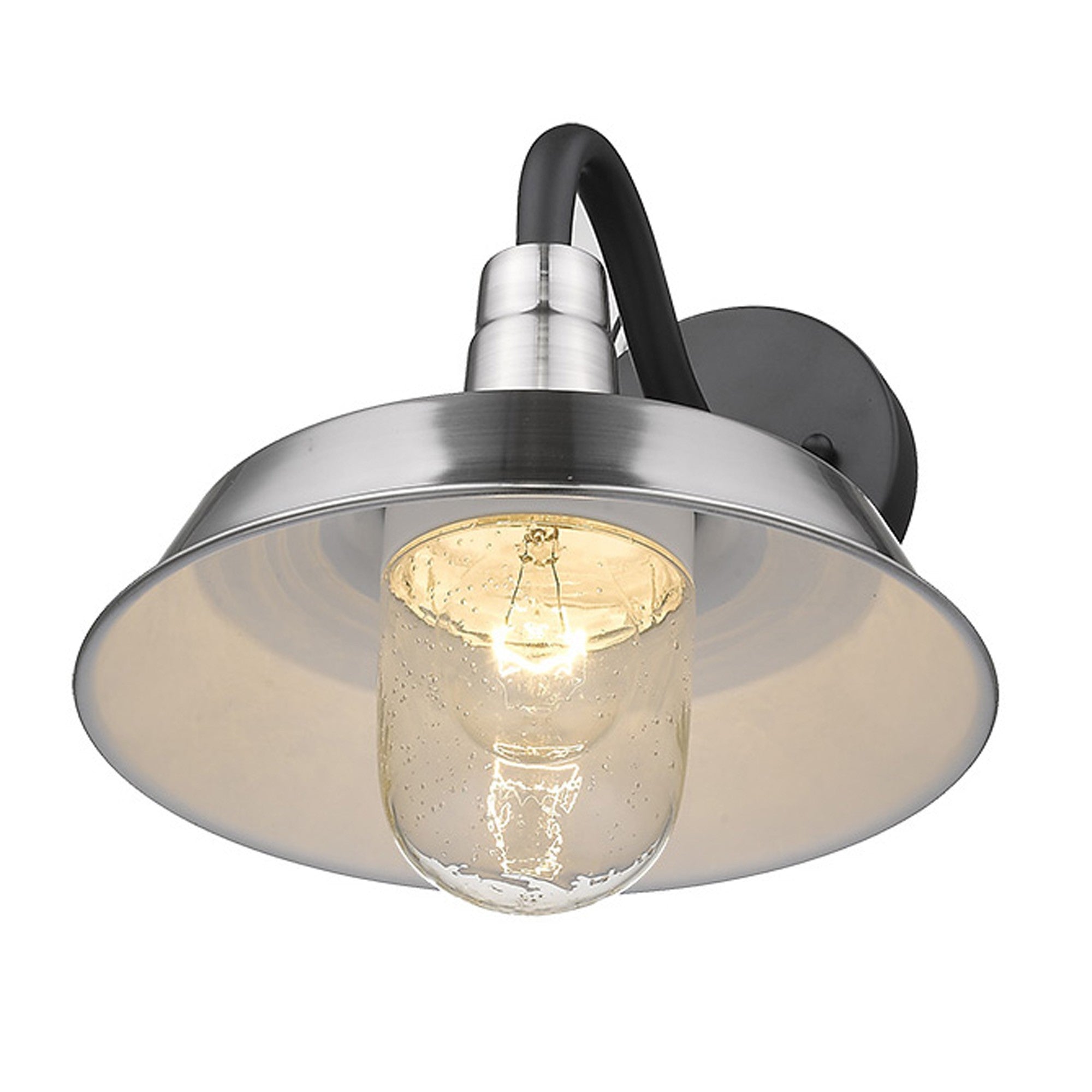 Bottom up angle view of the lighted Silver Shallow Plate Outdoor Wall Light with matte black bracket and silver shade – modern farmhouse wall sconce for indoor or outdoor use