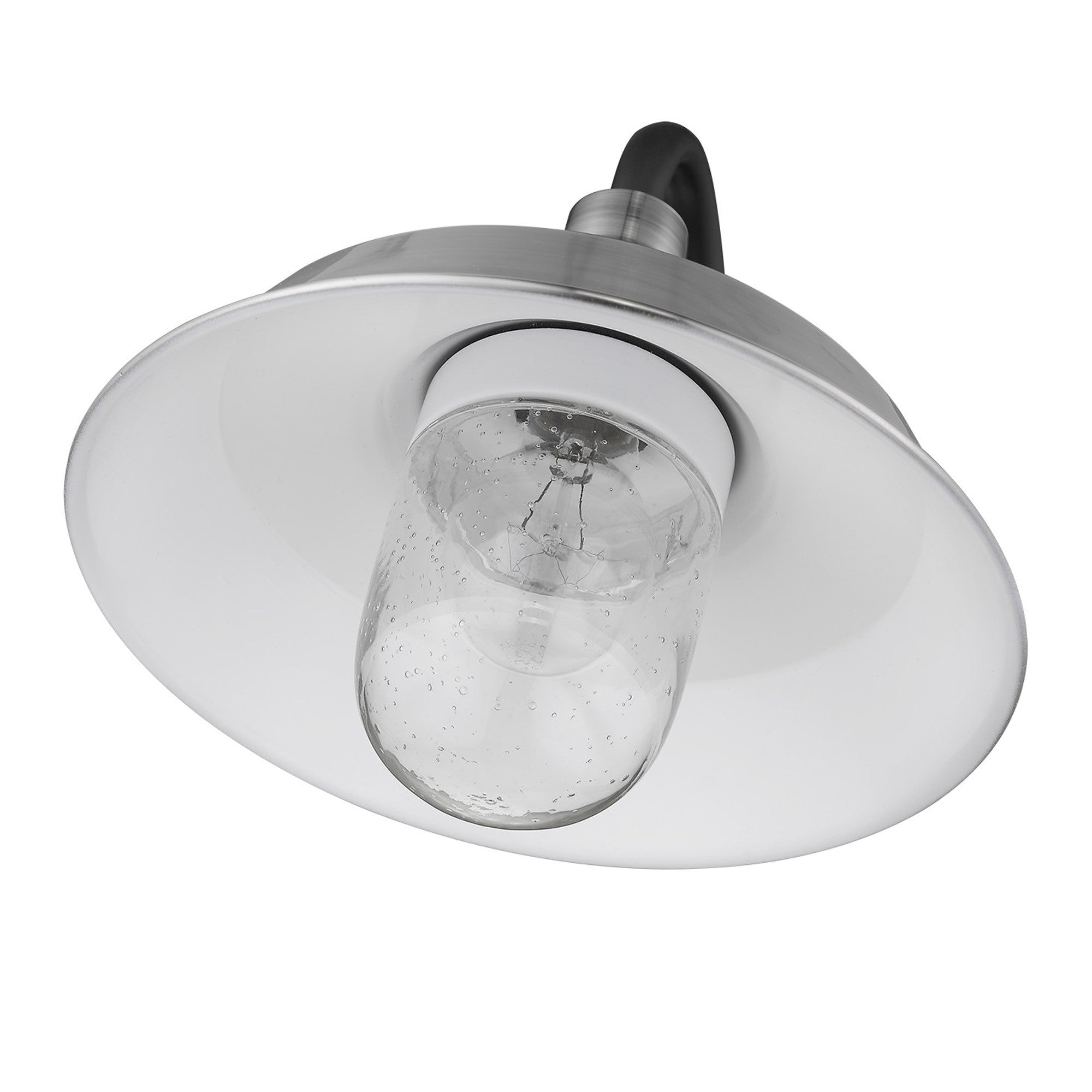 Bottom up angle view of the Silver Shallow Plate Outdoor Wall Light with matte black bracket and silver shade – modern farmhouse wall sconce for indoor or outdoor use