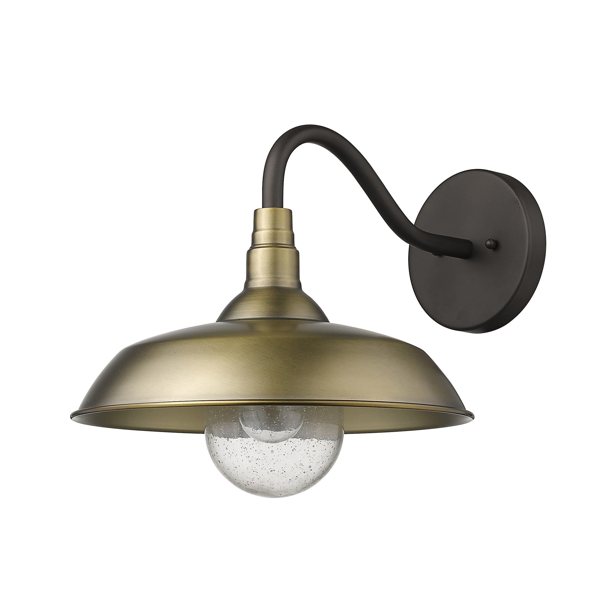 Front and right side angle view of the Burry Single-Light Antique Brass Outdoor Wall Sconce with farmhouse gooseneck design and seeded glass globe – rustic wall light fixture