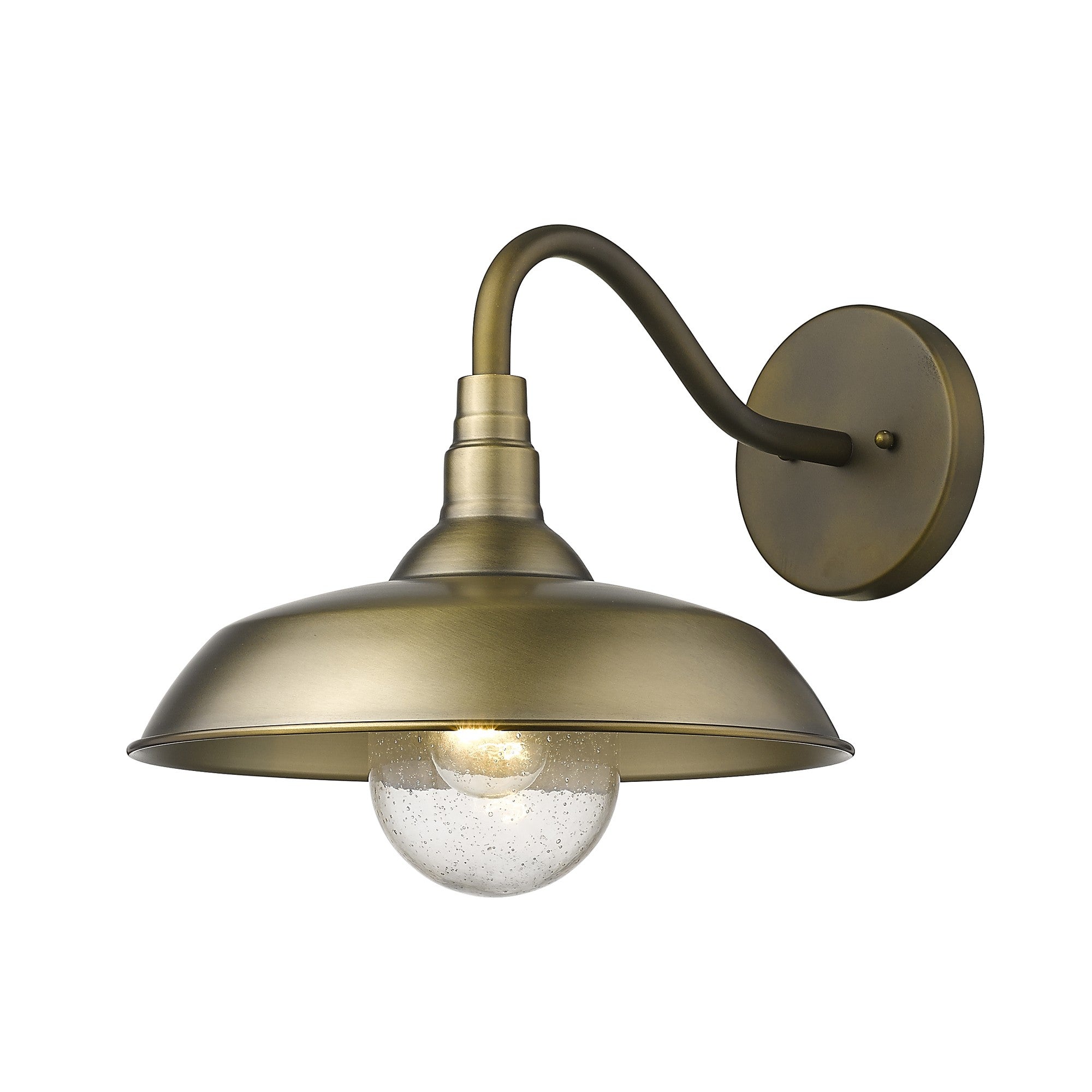 Front and right side angle view of the lighted Burry Single-Light Antique Brass Outdoor Wall Sconce with farmhouse gooseneck design and seeded glass globe – rustic wall light fixture