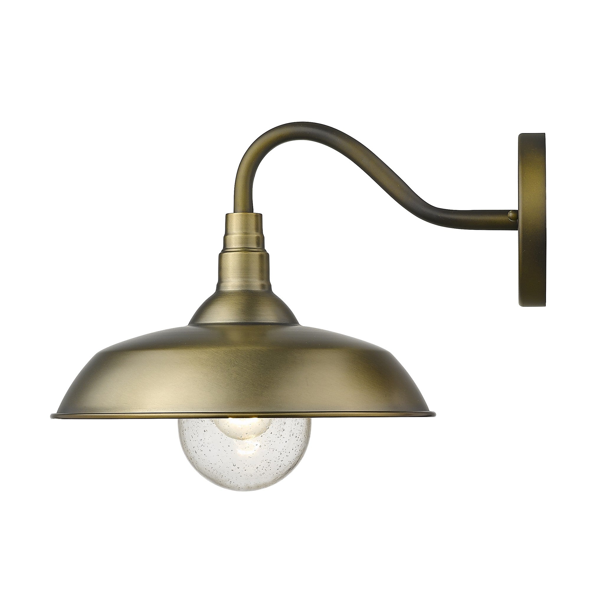Side view of the lighted Burry Single-Light Antique Brass Outdoor Wall Sconce with farmhouse gooseneck design and seeded glass globe – rustic wall light fixture