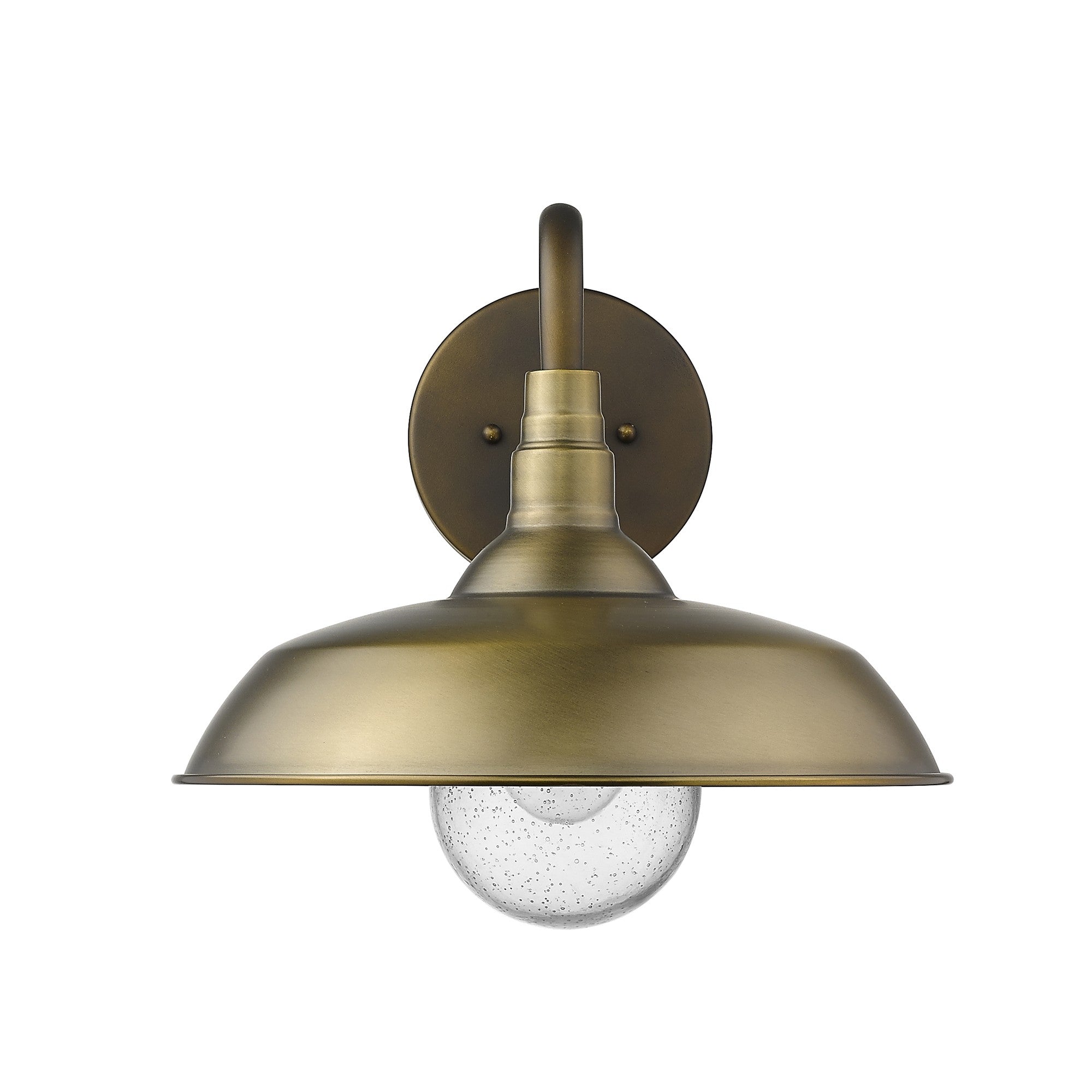 Front view of the Burry Single-Light Antique Brass Outdoor Wall Sconce with farmhouse gooseneck design and seeded glass globe – rustic wall light fixture