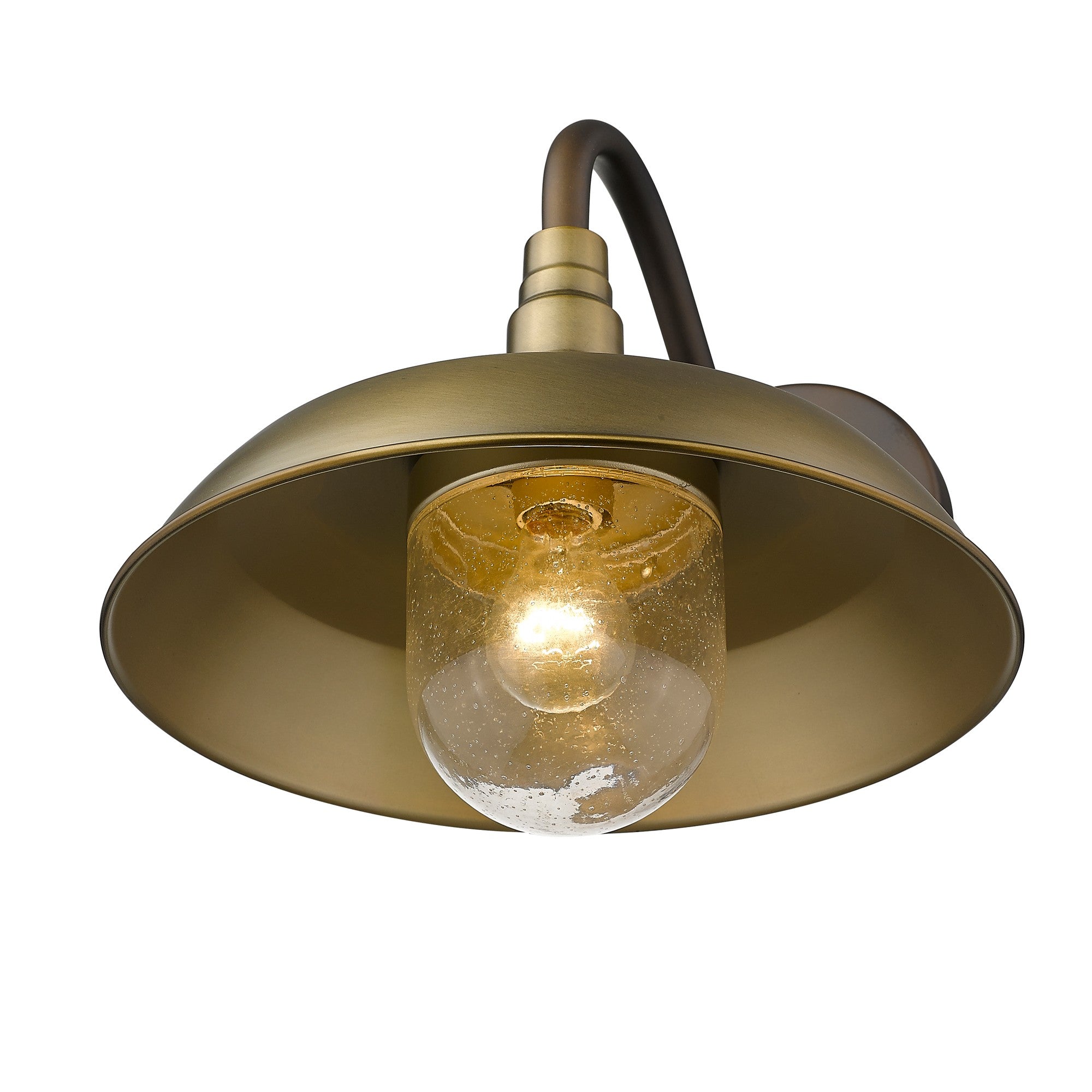 Bottom up angle view of the lighted Burry Single-Light Antique Brass Outdoor Wall Sconce with farmhouse gooseneck design and seeded glass globe – rustic wall light fixture