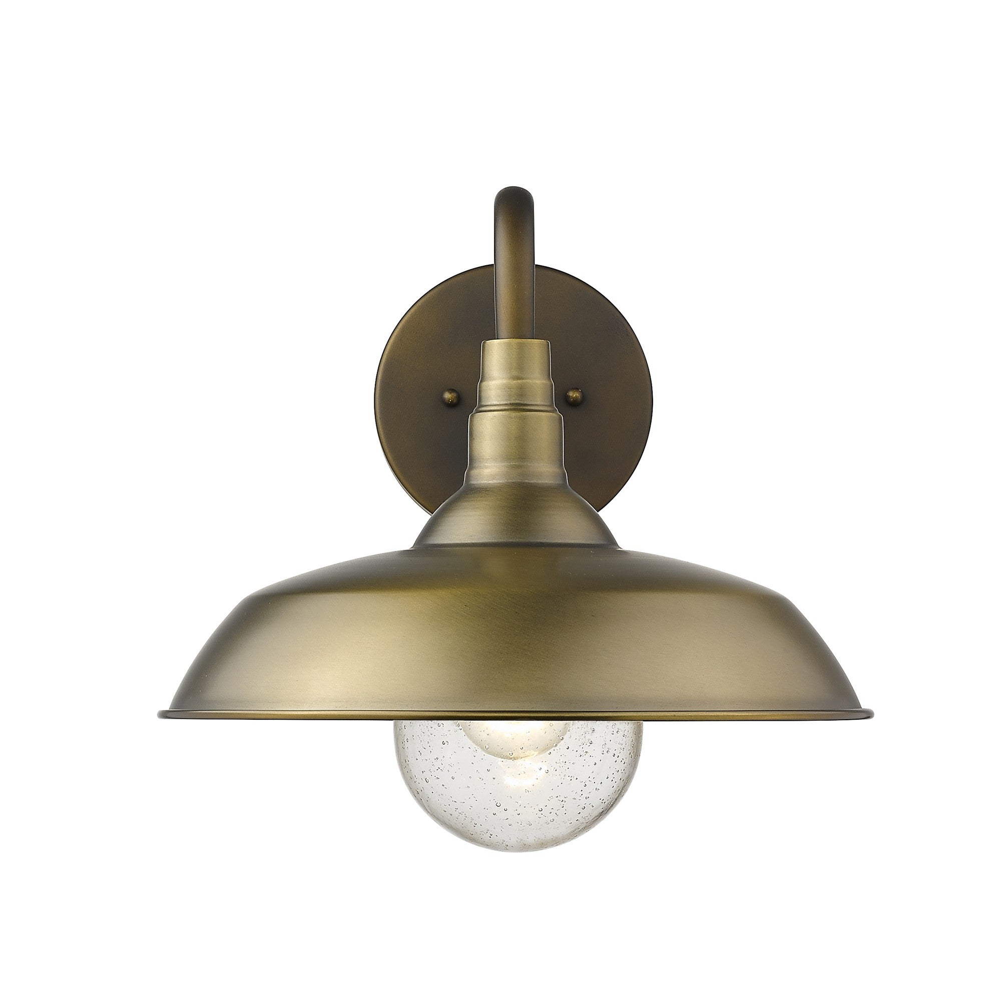 Front view of the lighted Burry Single-Light Antique Brass Outdoor Wall Sconce with farmhouse gooseneck design and seeded glass globe – rustic wall light fixture
