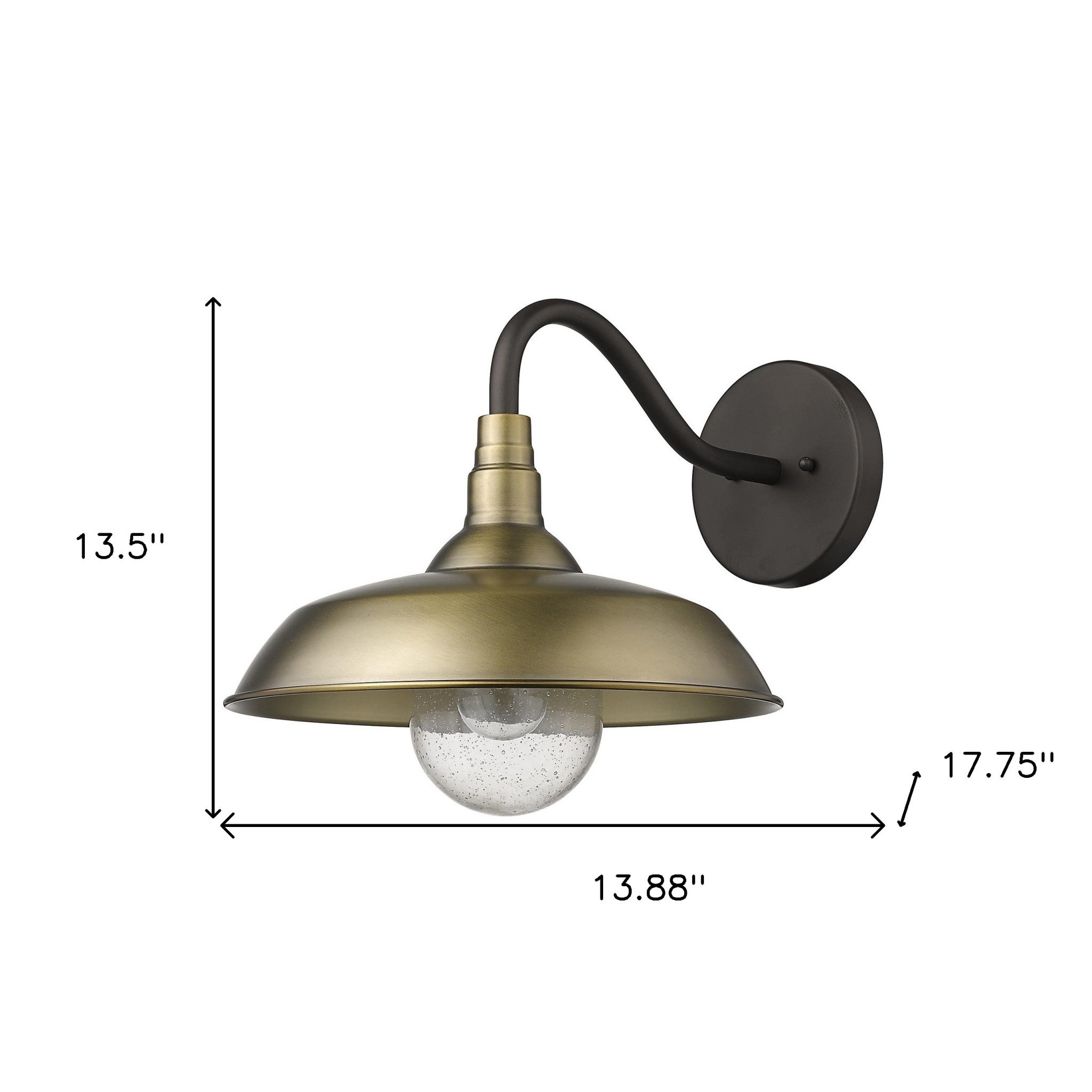 Burry Single-Light Antique Brass Outdoor Wall Sconce with farmhouse gooseneck design and seeded glass globe – rustic wall light fixture shown with dimensions of 13 point 5 inches high by 13 point 88 inches wide by 17 point 75 inches deep