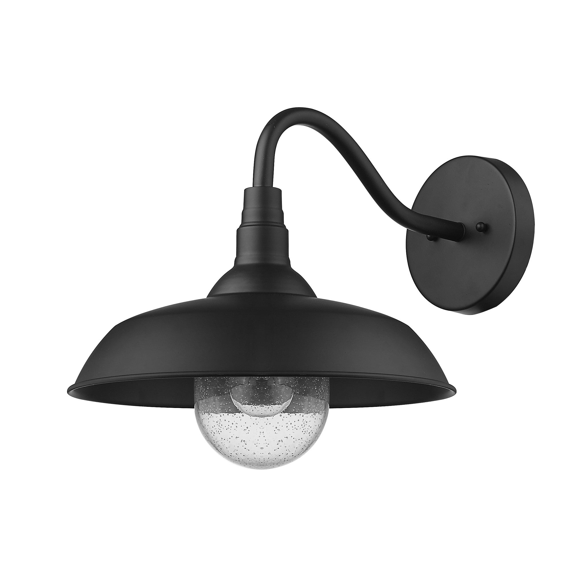 Front and right side angle view of the Burry Matte Black Farmhouse Gooseneck Wall Sconce with Seeded Glass Shade