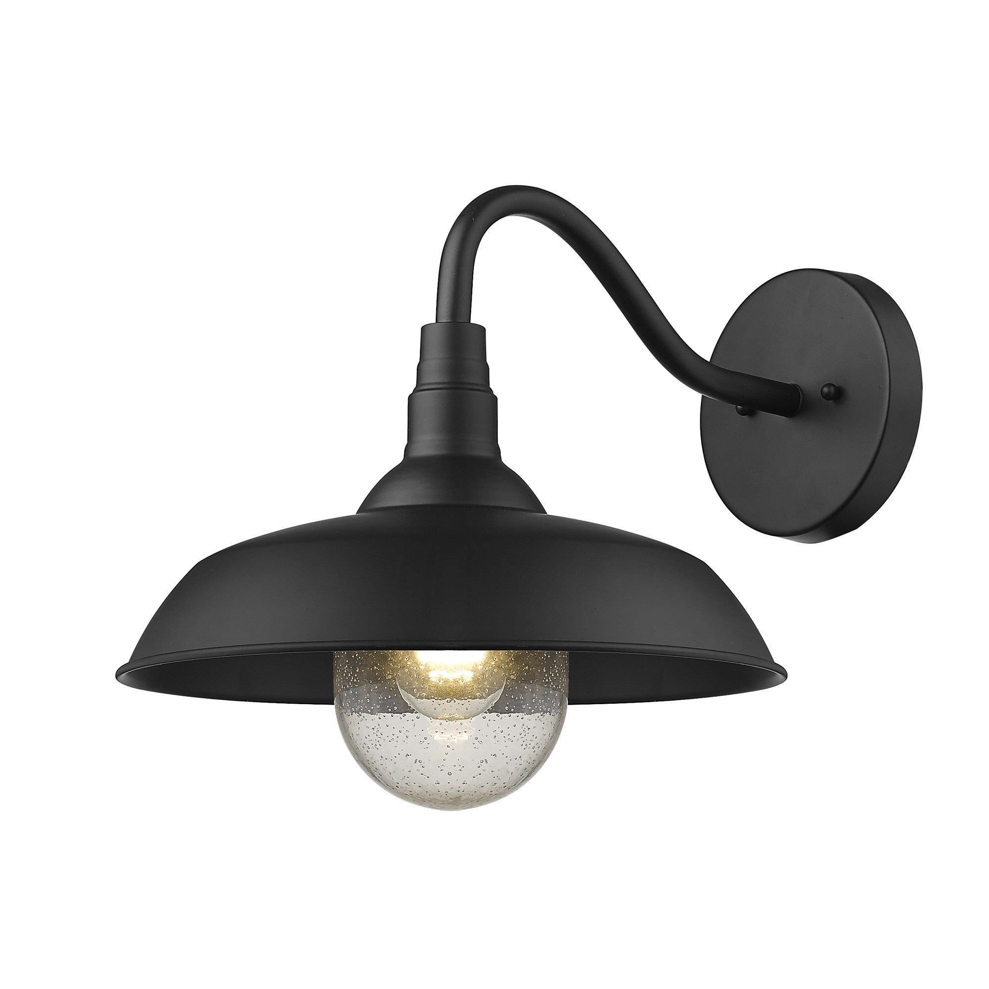 Front and right side angle view of the lighted Burry Matte Black Farmhouse Gooseneck Wall Sconce with Seeded Glass Shade