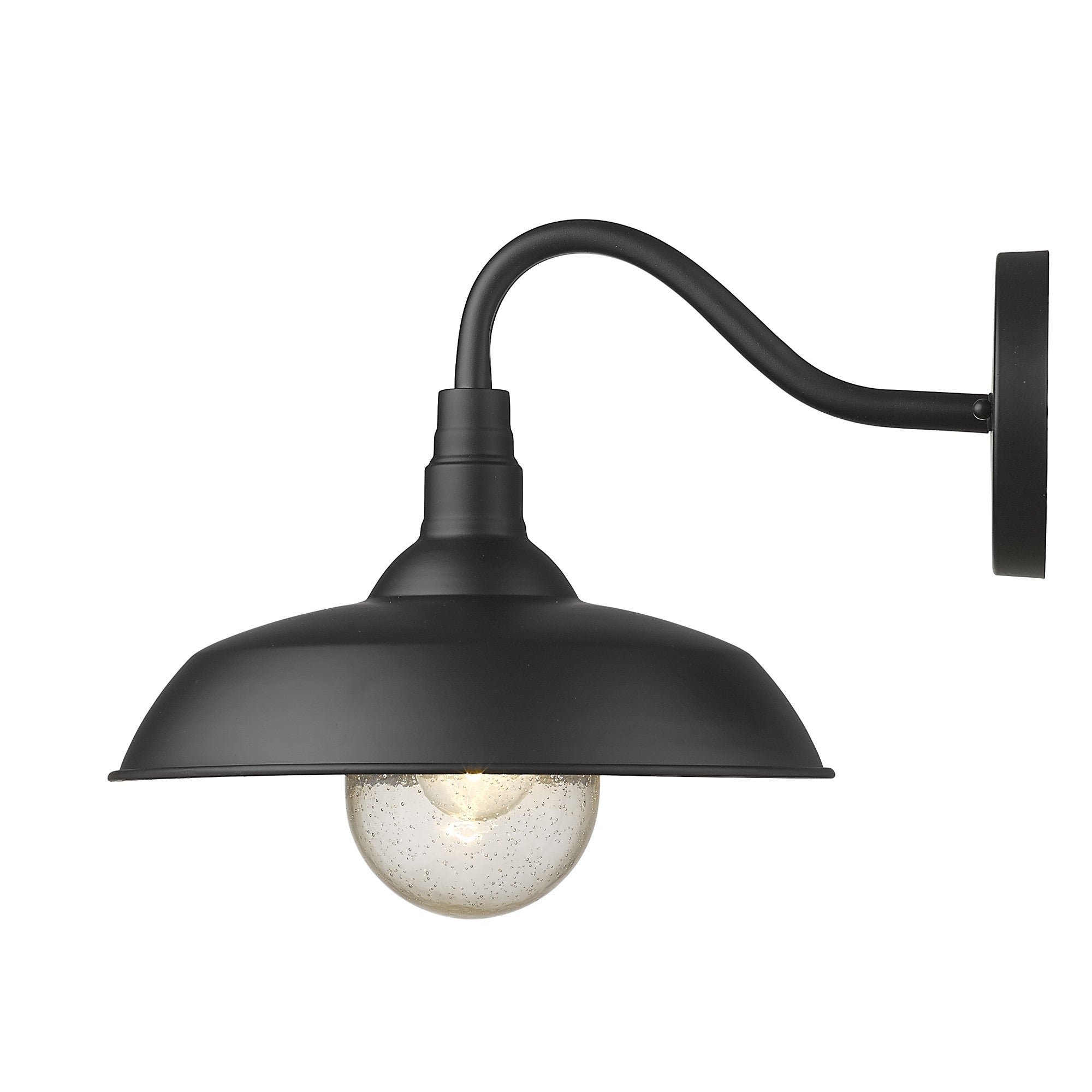 Side view of the lighted Burry Matte Black Farmhouse Gooseneck Wall Sconce with Seeded Glass Shade